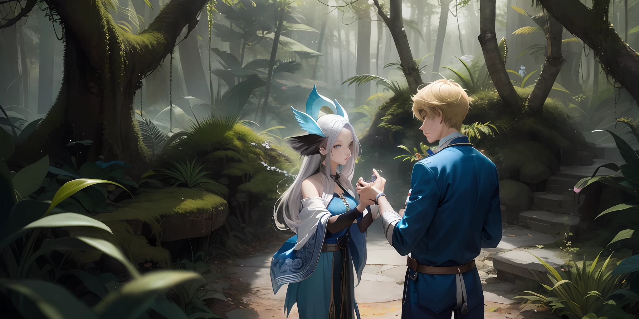 there are two people dressed in costumes standing in a forest, wlop and sakimichan, wlop and ross tran, ruan jia and artgerm, ross tran and bayard wu, ross tran and wlop, artgerm and atey ghailan, artgerm and ruan jia, from league of legends