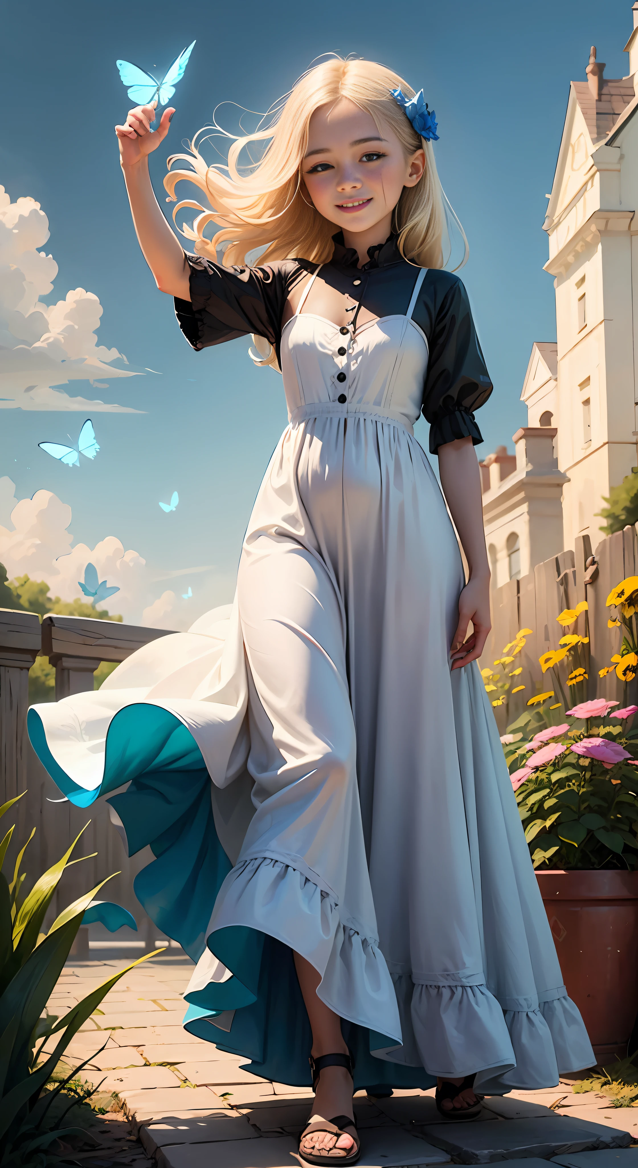 Illustration of a girl, 1 blonde child of 10 years, "happy" in an enchanted flower garden, wearing long dress of braco and blue color, blue sky of clouds, playing with butterflies, beautiful illustration, beautiful UHD 4k art, a beautiful art illustration, art in the style of guweiz, atey ghailan 8K, artgerm and atey ghailan, girl, 1 blonde child of 10 years, wearing long dress of white and blue color, happy in an enchanted flower jadim, playing with butterflies, (butterflies). (best quality, masterpiece), pose, particles, wind, flower, full body, enchanted garden background, looking at the butterflies. --auto