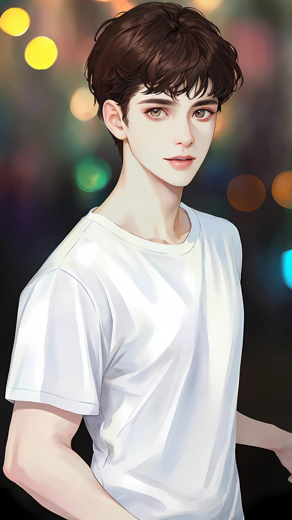 beautiful, short hair, dark brown hair, thin eye and detailed face, ((loose white t-shirt)), (pale white skin) pointing with his hand at the Horizon (detailed hand) (masterpiece: 1.2) (Realistic: 1.2) (Bokeh) (Best quality) (Detailed Skin: 1.3) (Intricate Details) (8K) (Detail Eyes) (Sharp Focus), (Happy)Casual Clothes Without Background, White Background