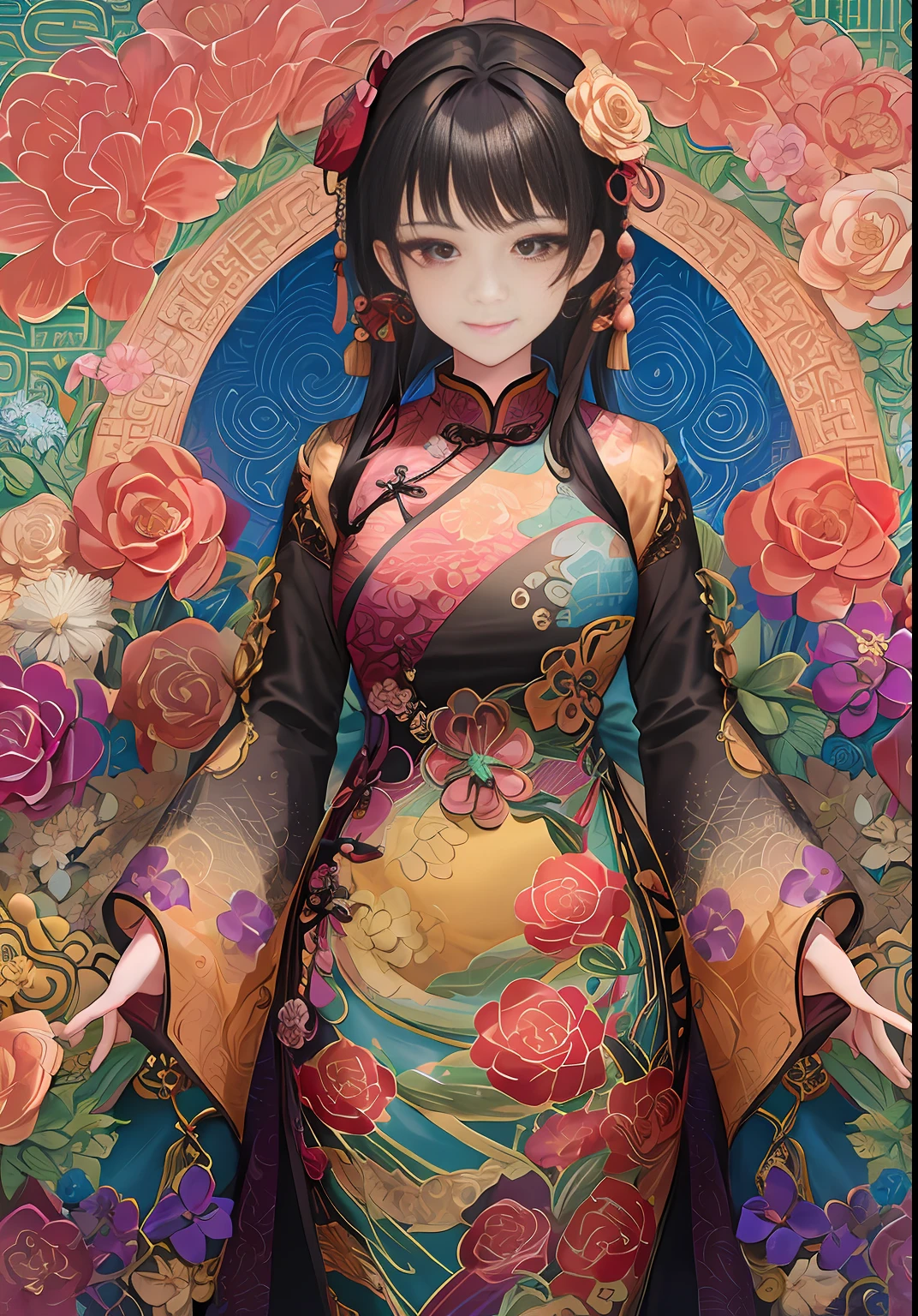 Anime woman, wearing a colorful oriental dress, standing in front of the floral background, the palace has two large Roman columns, Roman columns in front of the flower garden background, tall palace, classical Vig style artwork, bustling palace doorway, palace, Hanfu girl, fine digital animation art, Chinese costume, inspired by Puhua, cheongsam, beautiful fantasy queen, Chinese costume, oriental characteristic clothing, beautiful character painting, meticulous expression, she looks ahead with a smile, her hands are in her clothes, and the sleeves of her clothes are very long. Beautiful digital artwork, gorgeous digital illustrations.