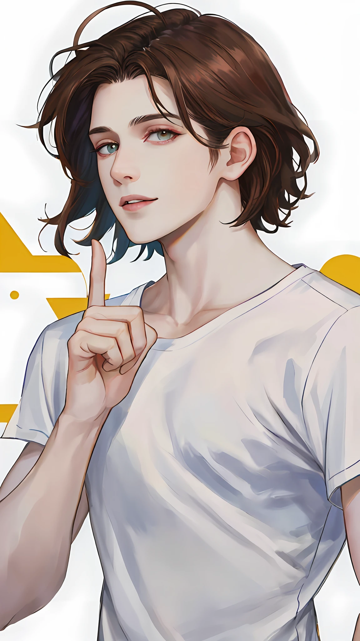 beautiful, short hair, dark brown hair, thin eye and detailed face, ((loose white t-shirt)), (pale white skin) pointing with his finger at the Horizon (detailed hand) (masterpiece: 1.2) (Realistic: 1.2) (Bokeh) (Best quality) (Detailed skin: 1.3) (Intricate details) (8K) (Detail eyes) (Sharp focus), (Happy)bottomless casual clothes, white background