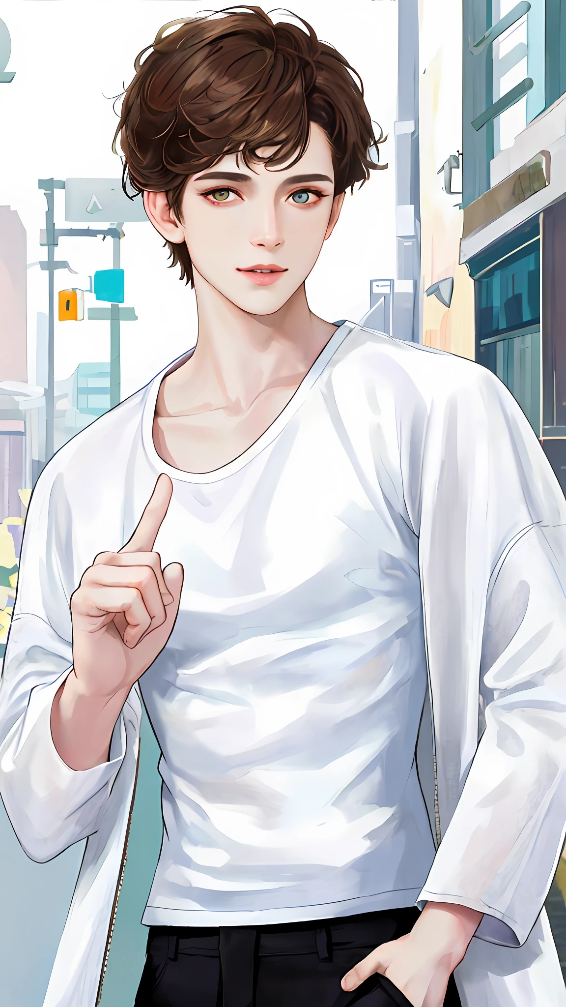 beautiful, short hair, dark brown hair, thin eye and detailed face, ((loose white t-shirt)), (white jacket), (pale white skin) pointing with finger (detailed hand) (masterpiece: 1.2) (Realistic: 1.2) (Bokeh) (Best quality) (Detailed Skin: 1.3) (Intricate Details) (8K) (Detail Eyes) (Sharp Focus), (Happy)Casual Clothes Without Background, White Background