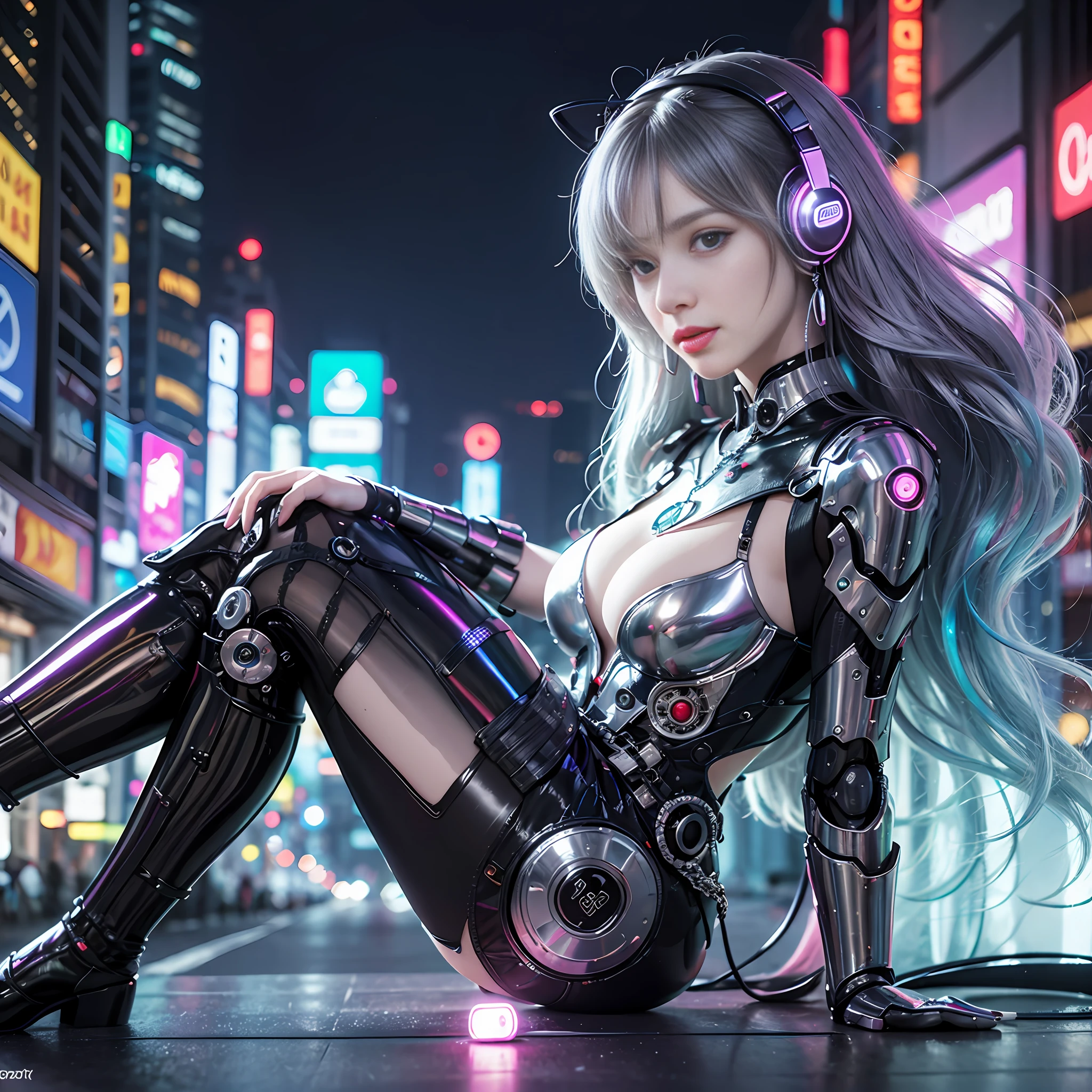 best quality, high quality, cyberpunk, city, cityscape, moon in background, big moon in the rear, moon, 1 girl, Chinese_clothes, liquid silver metallic and rainbow, cyberhan, cheongsam, cyberpunk city, dynamic pose, detailed luminous headphones, luminous hair accessories, long hair, luminous earrings, luminous necklace, luminous watches, luminous accessories, cyberpunk, high-tech city, full of mechanical and futuristic elements, futurism, technology, glowing neon, iridescent colors, Rainbow color light, sexy skirt, transparent black cape, laser light, digital background urban sky, big moon, with vehicle, best quality, masterpiece, 8K, character edge light, super high detail, high quality, the most beautiful woman in human beings, smile, face facing forward, ear corner decoration, long antenna glow, beautiful pupils, light effects, visual data, silver rainbow hair dyed hair, super detail facial texture, happy pride, weapon system, crowded street passers-by, mecha style, wearing a glowing antenna on the head, deep eyes, details of the city, Candy color neon color, rainbow candy light, only one character, the picture only has a close-up of the protagonist's face, the girl is sitting, very little dressed