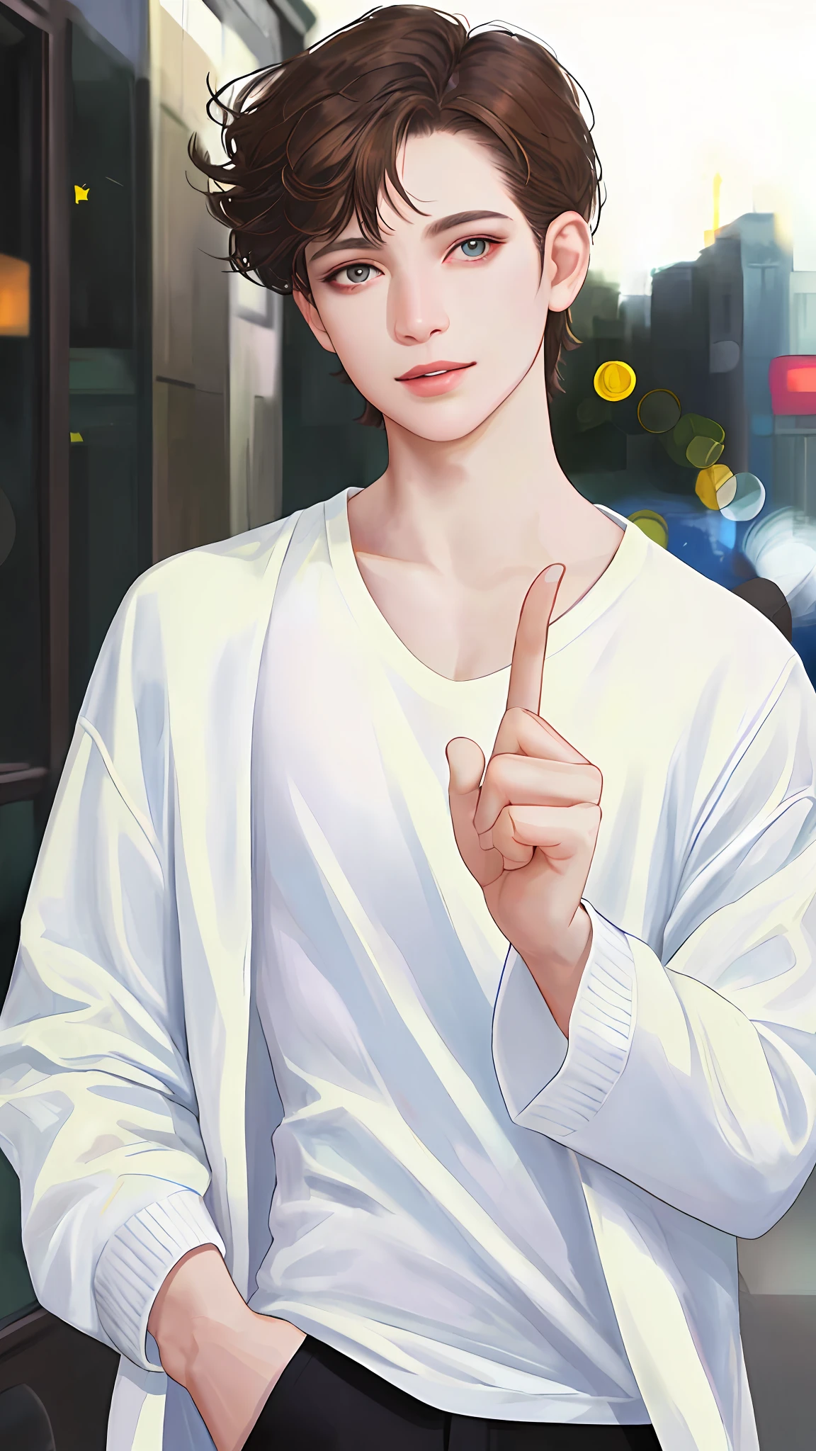 beautiful, short hair, dark brown hair, thin eye and detailed face, ((loose white t-shirt)), (white jacket), (pale white skin) pointing with finger (detailed hand) (masterpiece: 1.2) (Realistic: 1.2) (Bokeh) (Best quality) (Detailed Skin: 1.3) (Intricate Details) (8K) (Detail Eyes) (Sharp Focus), (Happy)Casual Clothes Without Background, White Background