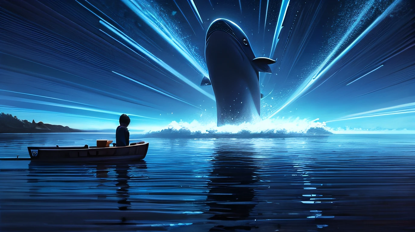 there is a man in a boat with a whale in the water, ( ( makoto shinkai ) ), makoto shinkai. —h 2160, makoto shinkai movie, style of makoto shinkai, makoto shinkai cyril rolando, mokoto shinkai, in style of makoto shinkai, anime beautiful peace scene