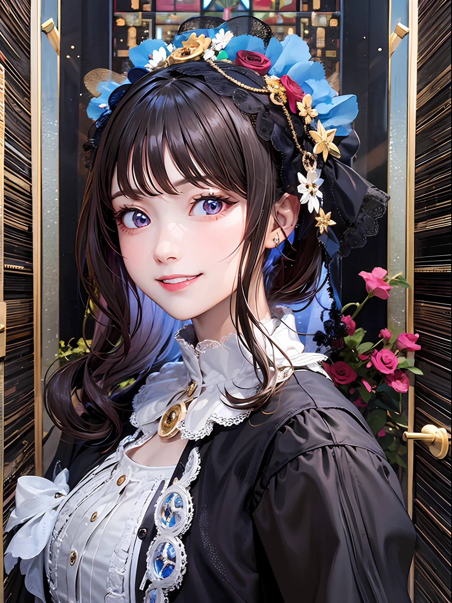 1girl, Dutch Beauty, cute, grin,viewfinder,(steampunk:0.1), (cyberpunk:0.1), Victorian fashion, looking ahead, 8),(clockworks:0.02), (zentangle:0.1), (art nouveau:0.1), (Victorian Architecture:0.2), Salon,closeup-face, (looking at viewer:1.2),