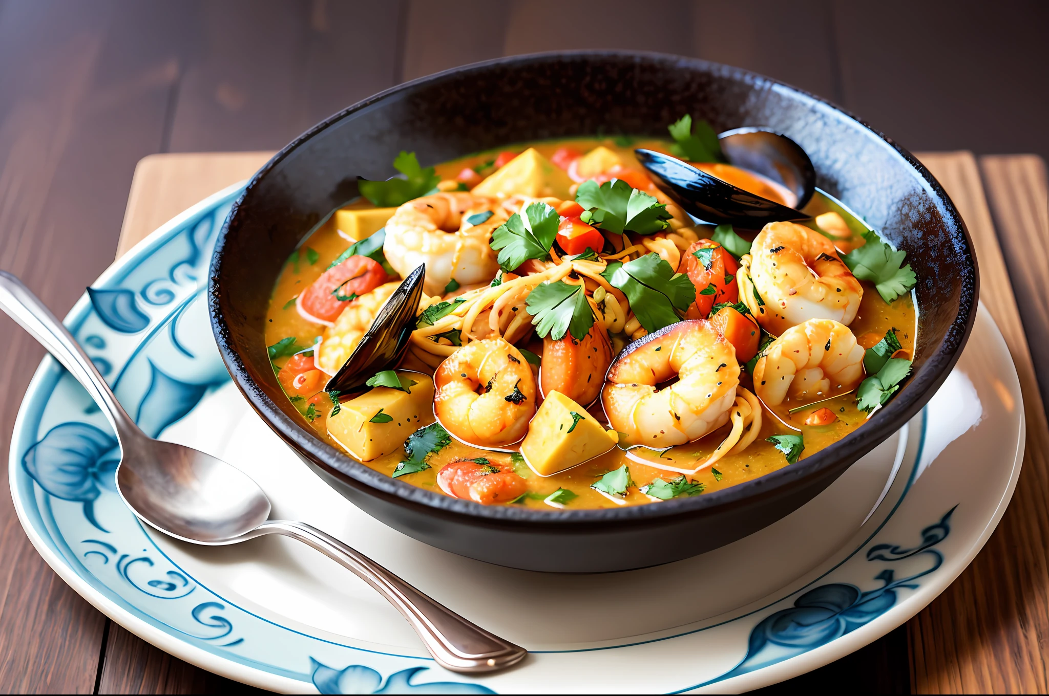 Design an advertising image featuring a traditional Moqueca, a flavorful Brazilian seafood stew, with vibrant colors and a backdrop of a coastal scene.