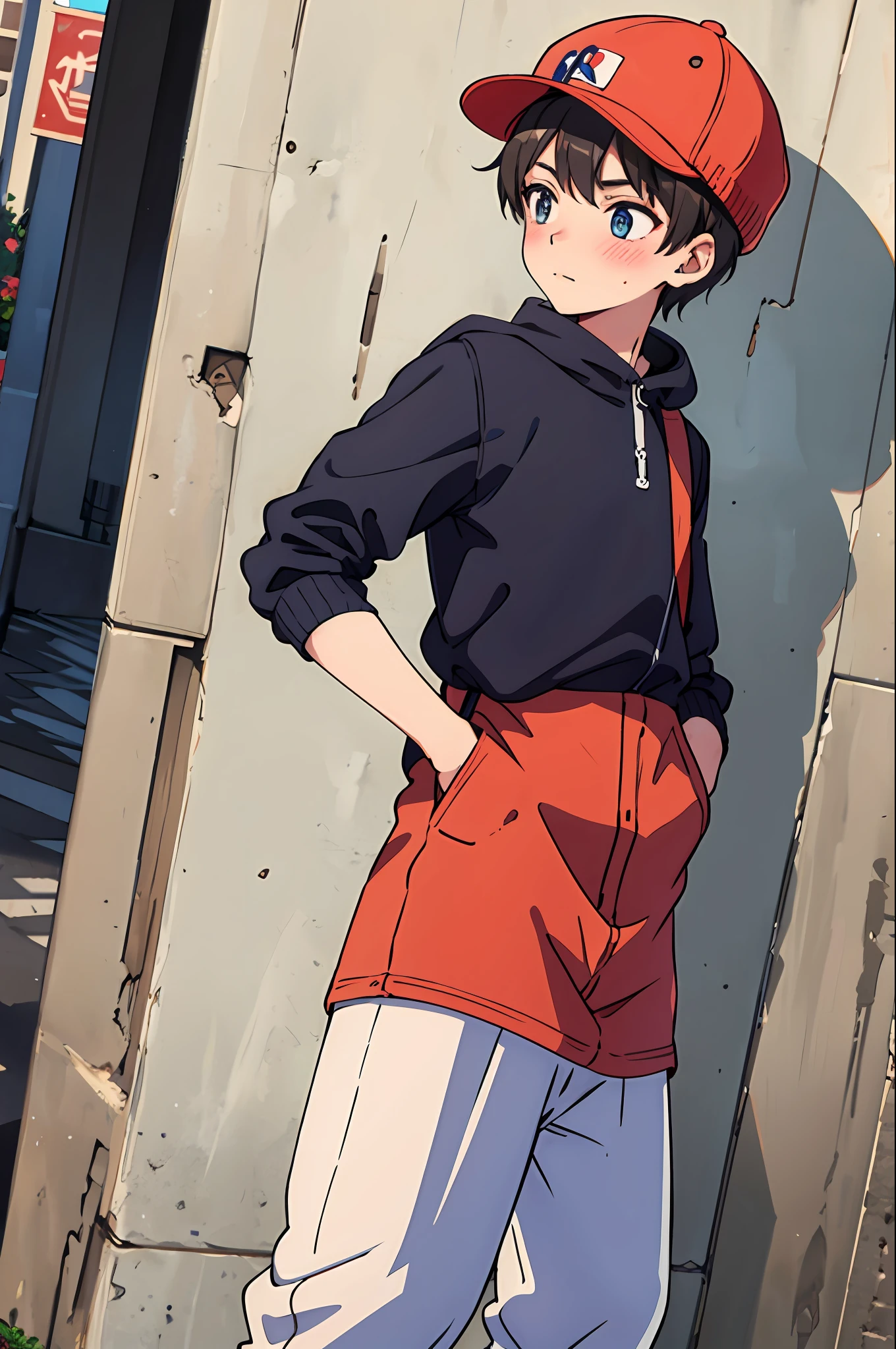 (beautiful and clear background),(street,wall,corner,),1boy, ,fashion,,hand in pocket ,,blush,pose,Hat,looking to the side,, dutch angle,