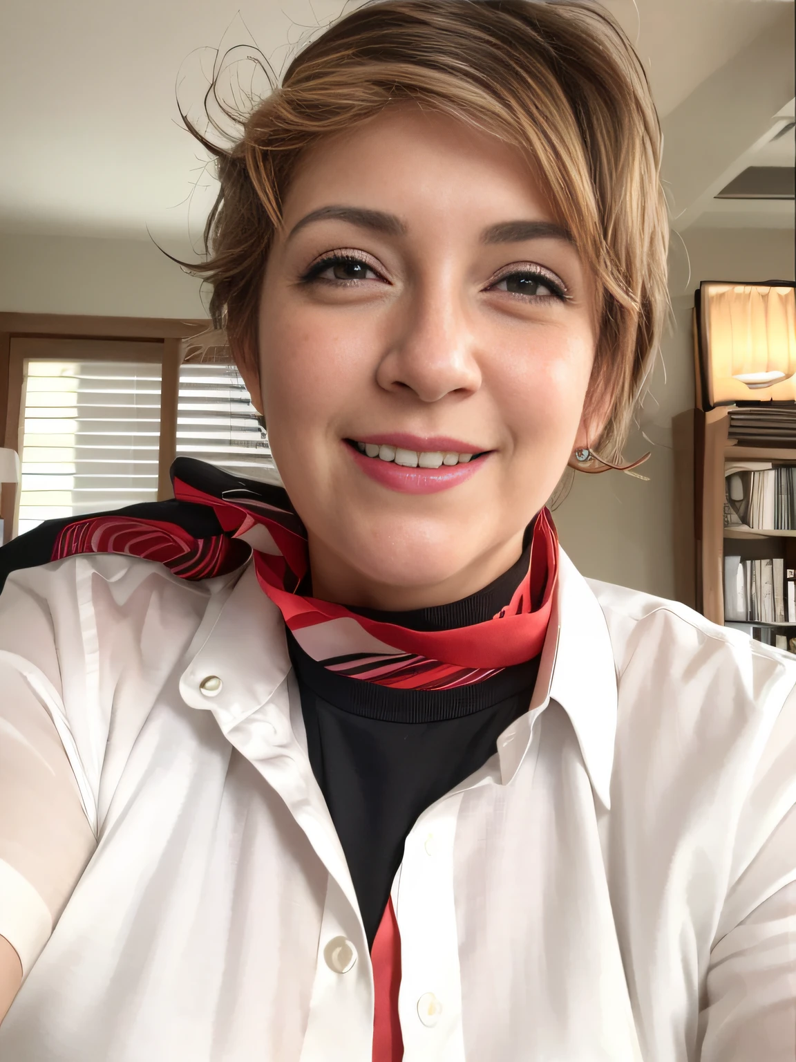 smiling woman wearing a white shirt and a tie with a black and red tie, androgynous person, wearing collar, inspired by Maria Helena Vieira da Silva, pov photo, wearing choker, taken in the early 2020s, wearing white silk, inspired by Toros Roslin, androgynous face, profile image, wearing collar on neck --auto