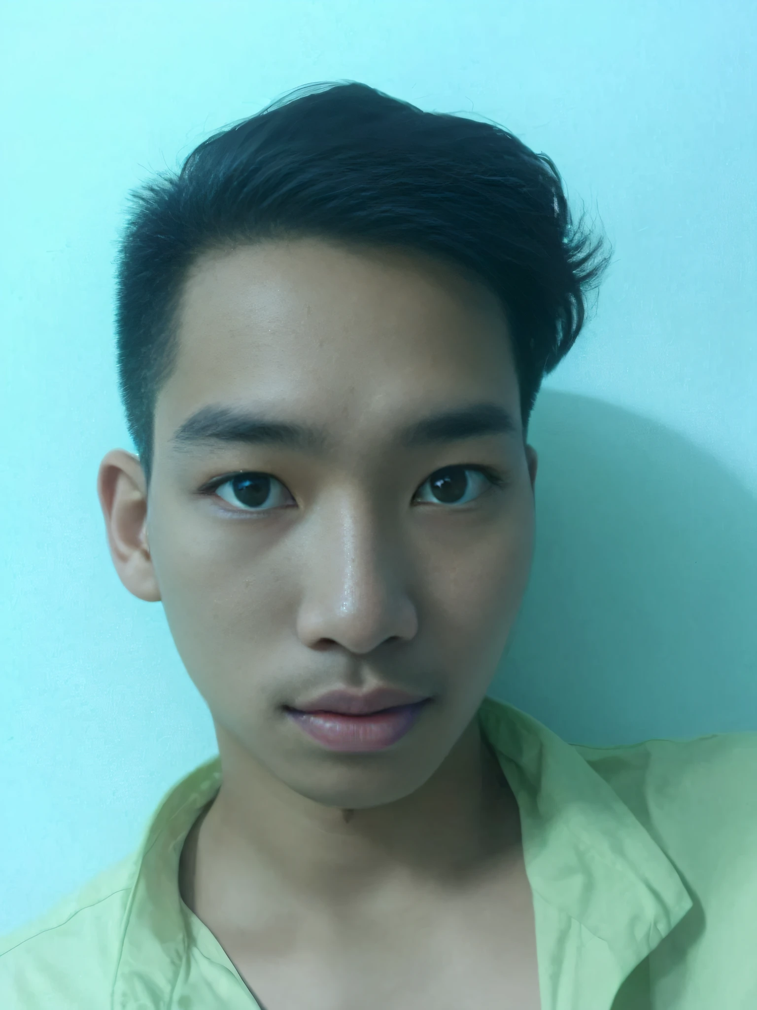 arafed man with a green shirt and a white shirt, dang my linh, 1 7 - year - old boy thin face, 18 years old, in style of lam manh, 1 , 2 2 years old old, 2 3 years long ly, cleane, bao phan