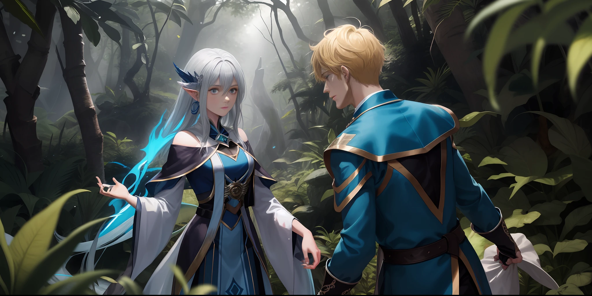 characters blond man with blue magician clothes, watching a nymph with silver hair extending her hand to her at a medium distance, in the center of the MÁGICO forest, romantic scene