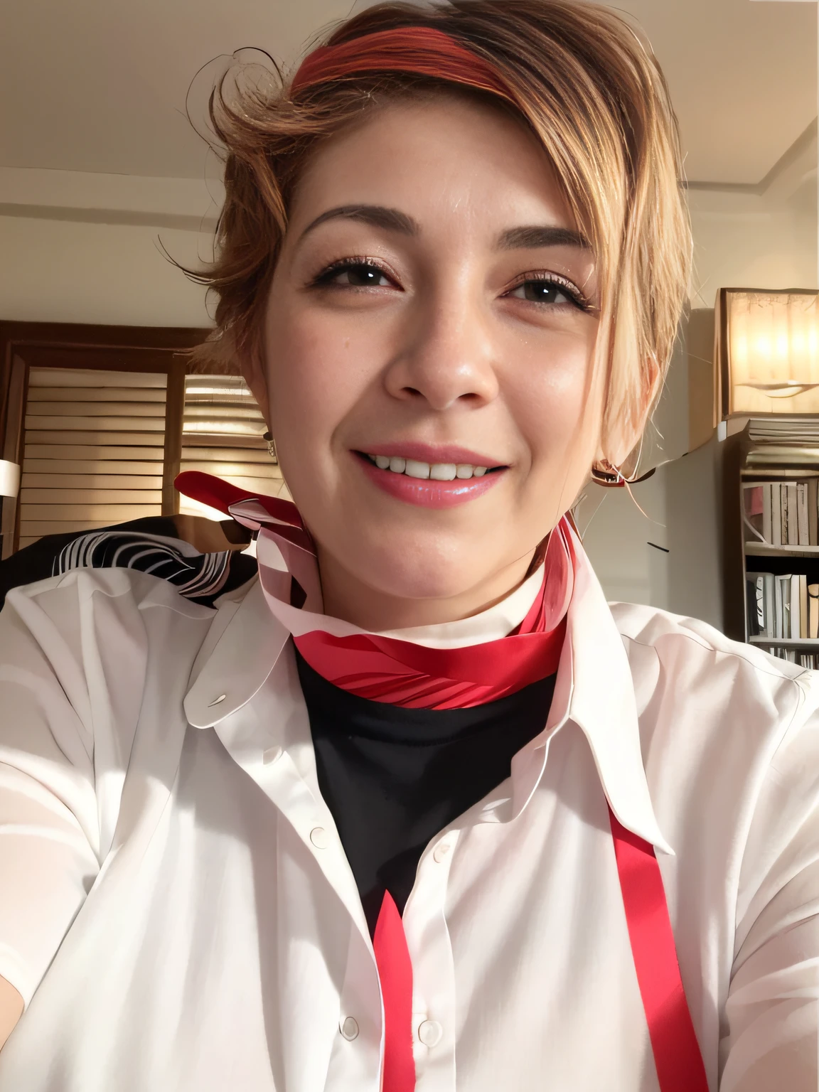 smiling woman wearing a white shirt and a tie with a black and red tie, androgynous person, wearing collar, inspired by Maria Helena Vieira da Silva, pov photo, wearing choker, taken in the early 2020s, wearing white silk, inspired by Toros Roslin, androgynous face, profile image, wearing collar on neck --auto