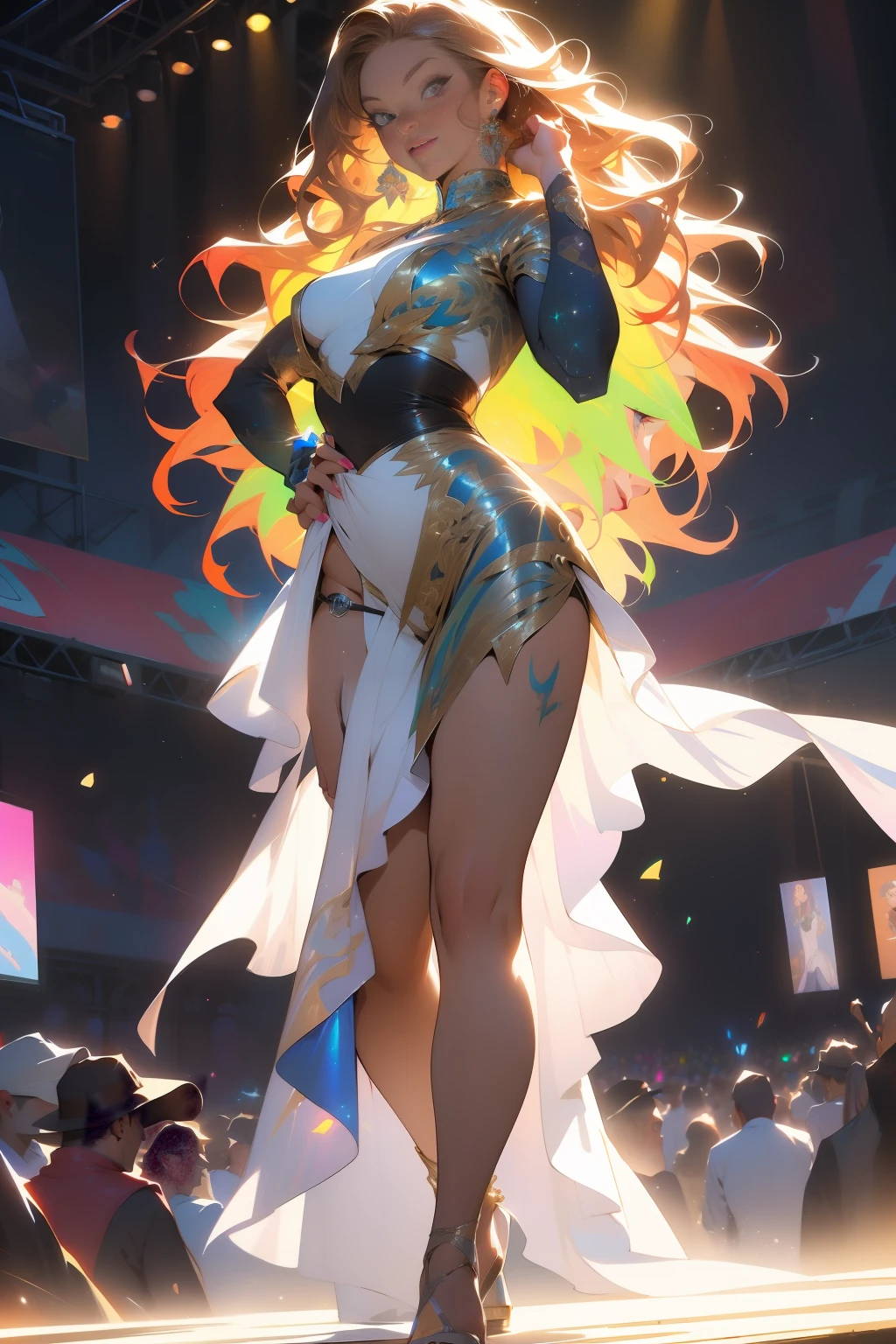 SamdoesArts photorealistic painting ((full body)) portrait of ((amazingly attractive)) a woman at a music festival, ((perfect female face)), (+long colorful wavy hair), (+bright freckles), glitter, using one dress, intricate, 8k, highly detailed, volumetric lighting, digital painting, hard focus, sharp, art by Artgerm and Rutkowski and Alphonse Mucha, CGsociety