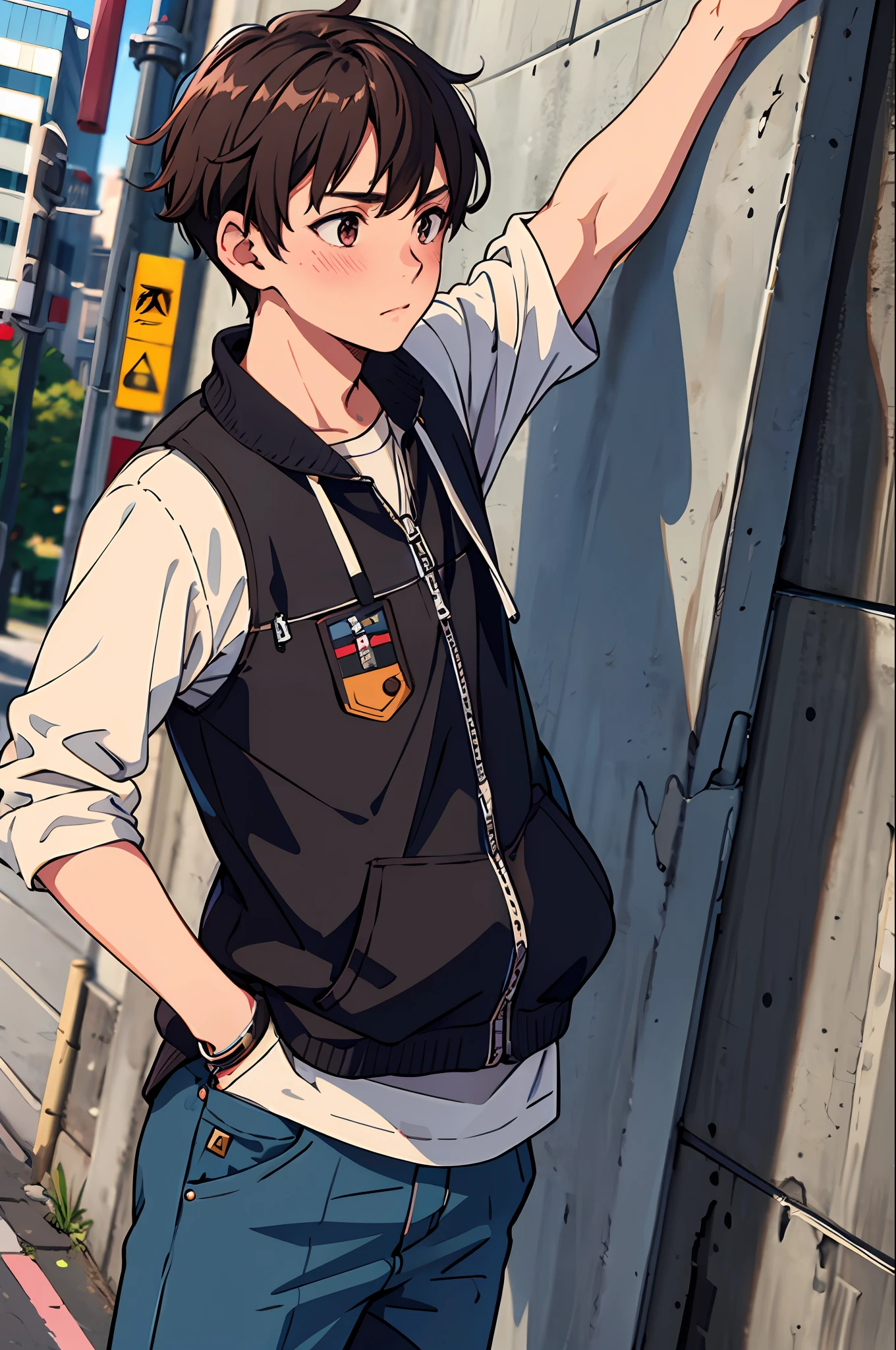 (beautiful and clear background),(street,wall,corner,),1boy, ,fashion,,hand in pocket ,,blush,pose,looking to the side,, dutch angle,