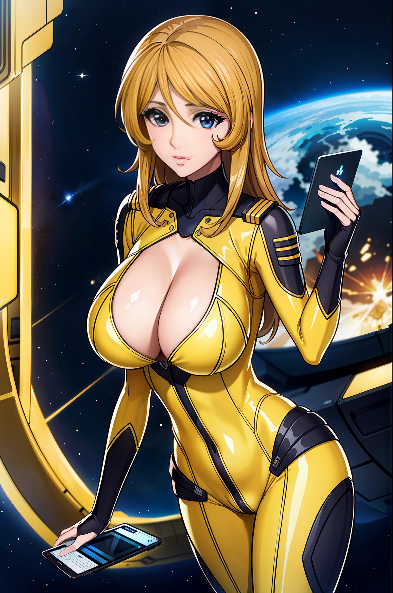 8k, 1girl,space ship,bodysuit,cleavage, night,galaxy, space, huge breasts, holding laptop, looking at viewer, , solo focus, cowboy shot, (masterpiece:1.4),(best quality:1.4),(shiny skin),steaming body ,