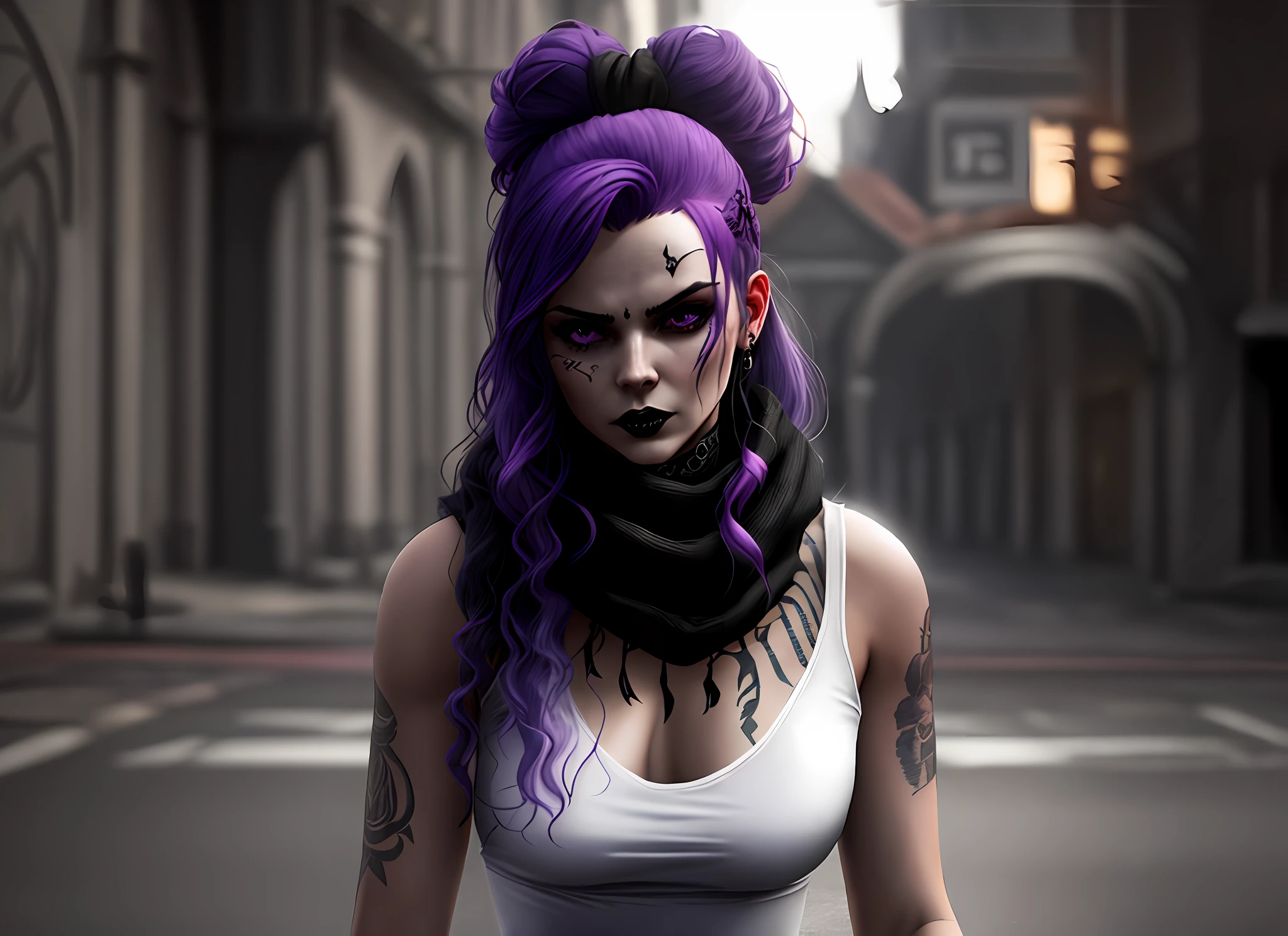 There is a woman with purple hair and a white top, black scarf, menacing look, gothic horror vibes, tattoos, highly detailed and realistic photo, 8K, GTA V style character