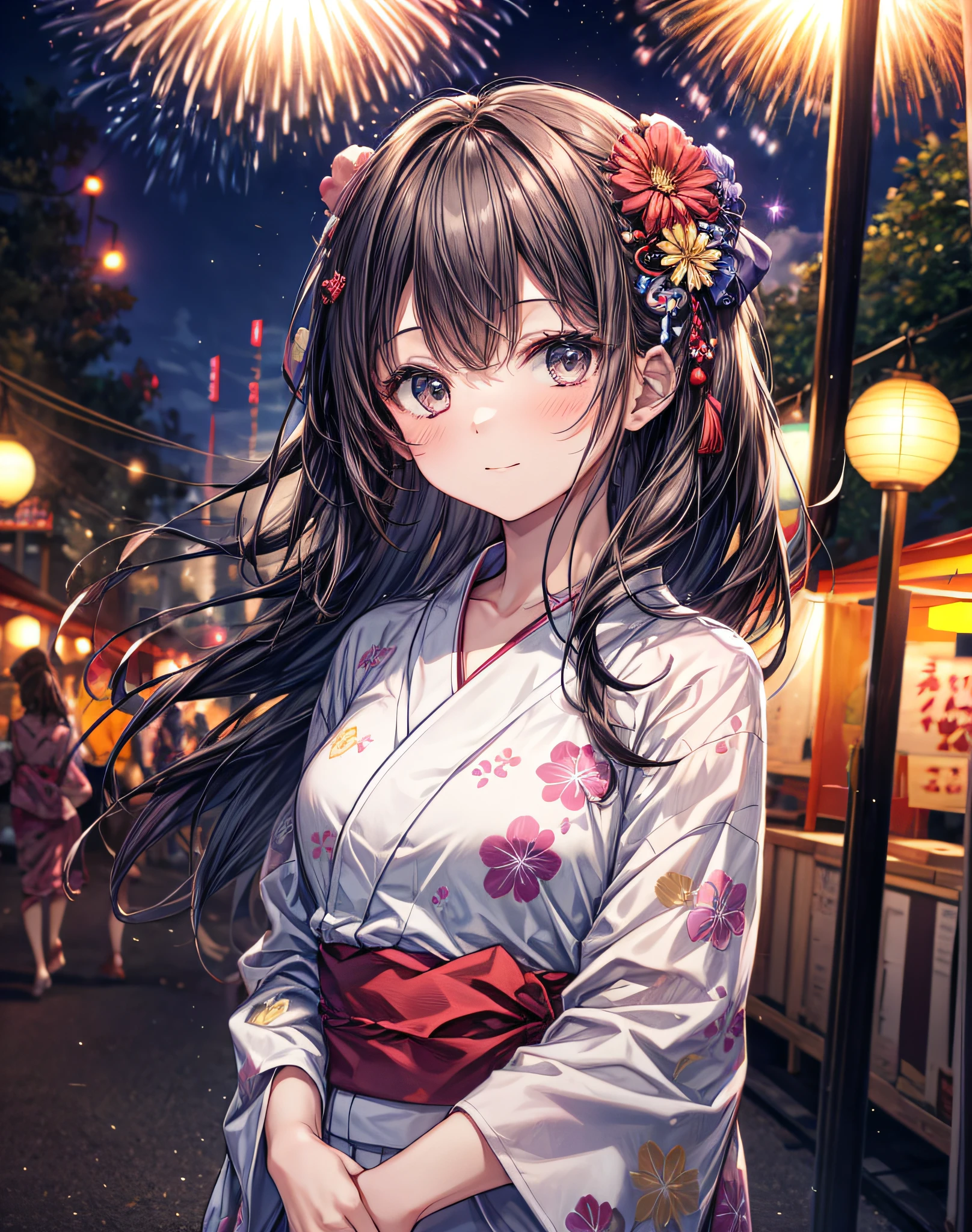 1girl, solo, ((masterpiece)), ((best quality)), Superb view, Yukata, Festival, fireworks, wind, breeze, happy, focus, hair ornament, upper body, stall,