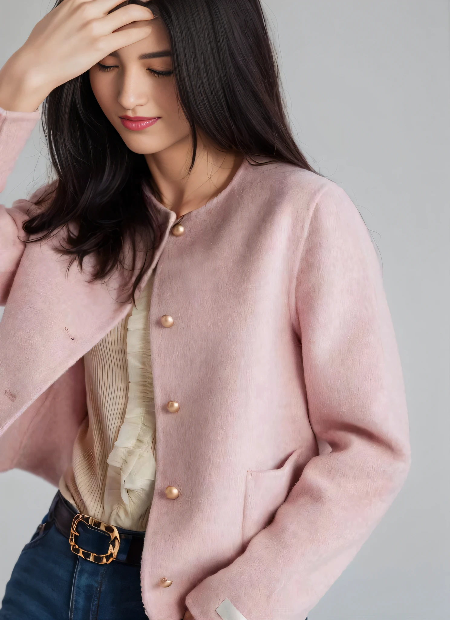 a woman in a pink jacket and jeans is holding her head, short jacket, short coat, 2 0 2 0 fashion, h 576, jacket, h 768, h 7 6 8, h 7 0 4, wearing jacket, pink clothes, wearing a fancy jacket, femme, with two front pockets, pastel pink, soft blush, pastel'