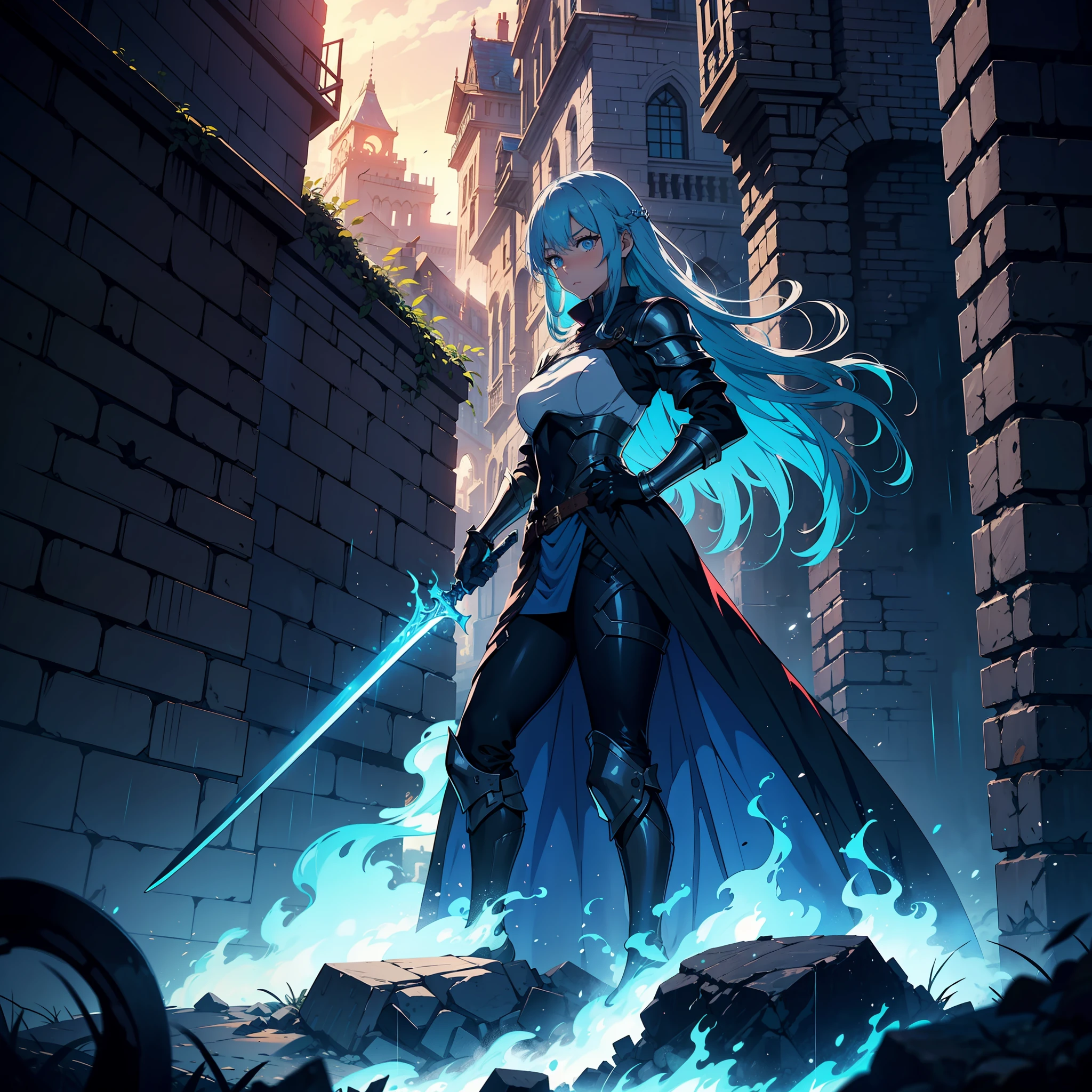 anime cinematic dark lighting ,blue dragon, medieval era landscape inside destroyed castle walls ,enemy invasion high walls ,smoke filled castles,dead people around,knights fighting,light of blue fire,dark night ,rainy weather,fire,1 girl coming out of the smoke, masterpiece, (blue eyes: 1.5), (long flowing strong blue hair 1.8), anime, look of despair, perception of sadness, light, adult woman, blue medieval armor, blue sword, gray cloak dragon insignia, strong pose, anime colors, multifocus perspective image