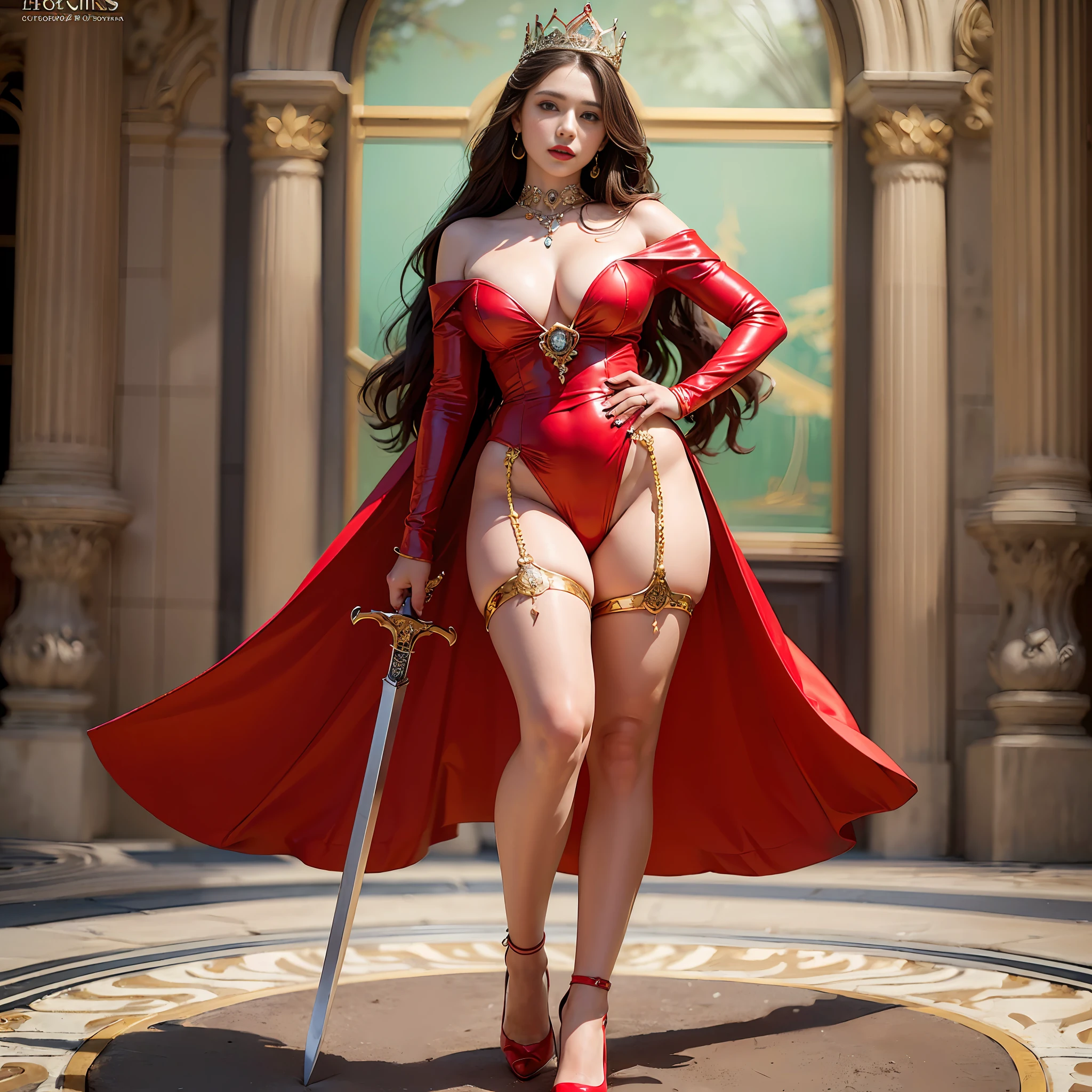 (Masterpiece), (Best Quality), (Realistic), (((Queen of Mars)), (Dejah Solis), (Audience Room), 20 years old, 1girl, Heavy costume, regal costume, holding a sword in hand, clear focus: 1.5, Beautiful woman with detailed eyes, double eyelids, long hair, perfect figure: 1.4, perfect proportions, anatomically correct figure, well-proportioned beautiful breasts, tight waist, standing, full body, beauty in return, fashion model, portrait shoot, ideal lighting, well-proportioned beautiful hips, best quality, masterpiece, ultra high res, (photorealistic:1.4), RAW photo, red lips, red high heels, face length and neat face,