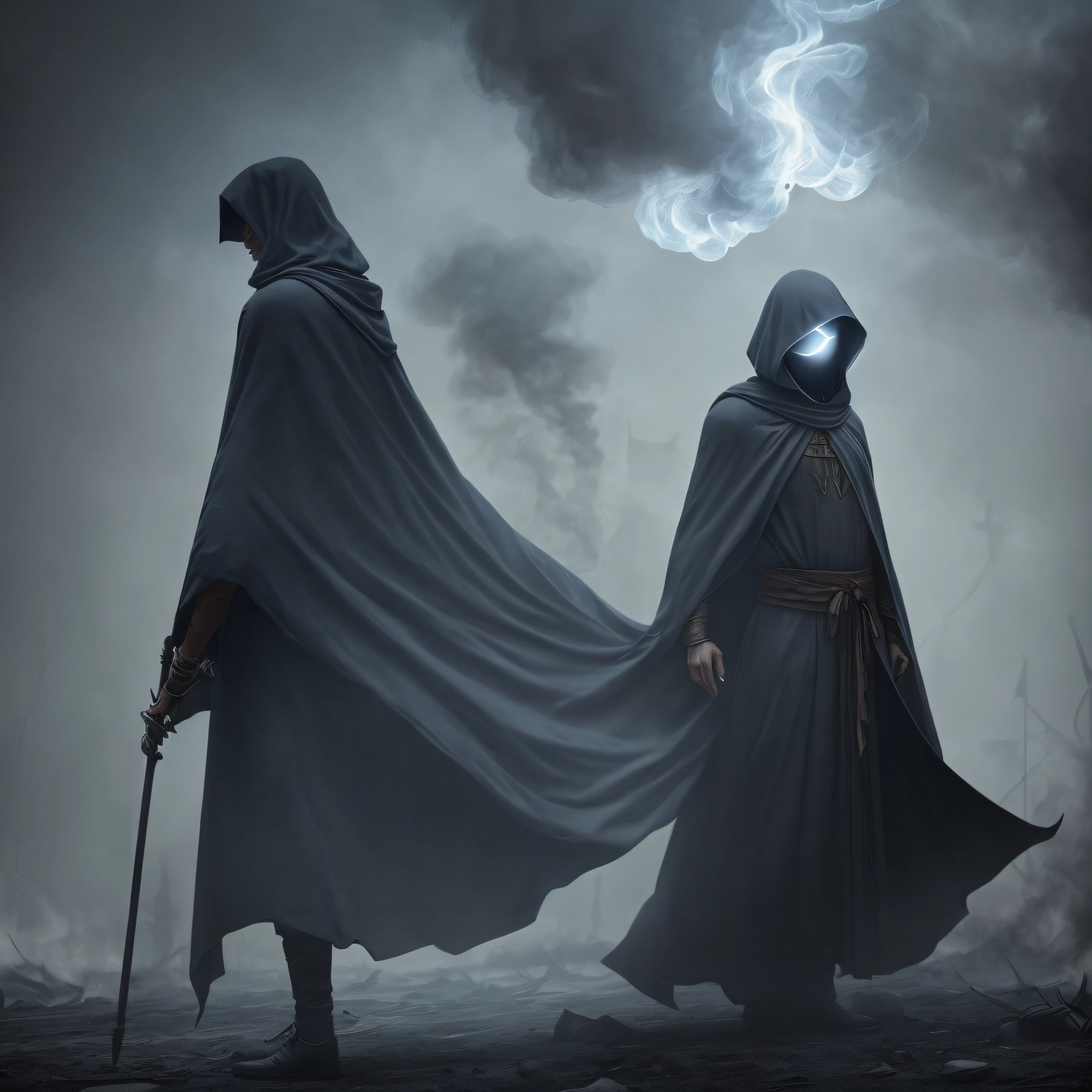 scary. realistic. human-like. demon. with cloak. showing no face. glowing eyes. grey environment and smoke everywhere. --auto