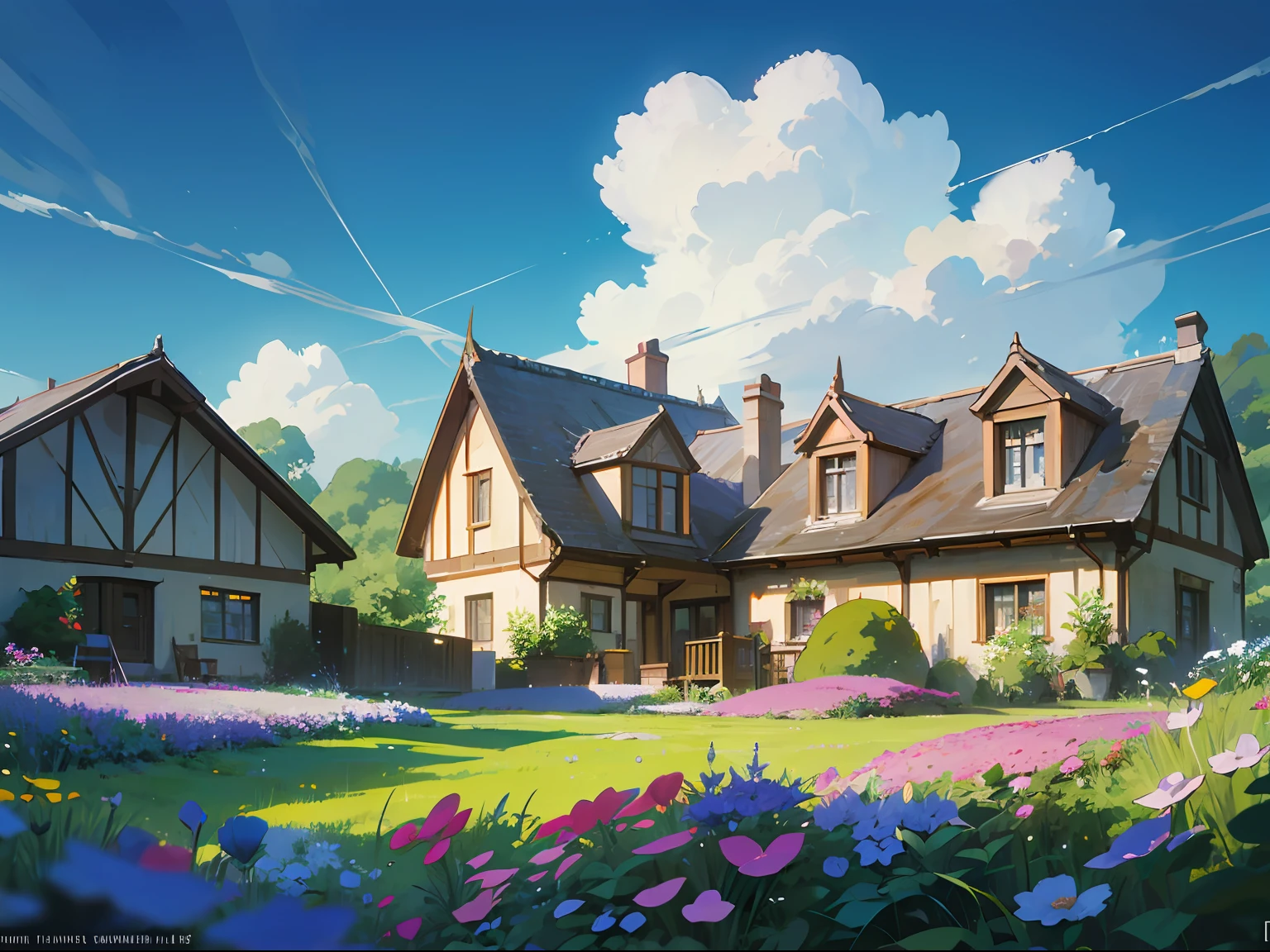 A lot of country cottages, summer, meadows, small flowers, countryside is rushing to the market, there are many kittens on the road, heaven, big clouds, blue sky, hot weather, HD details, wet watermarks, hyper-detail, movies, surrealism, soft light, deep field focus bokeh, ray tracing, surrealism. --v6