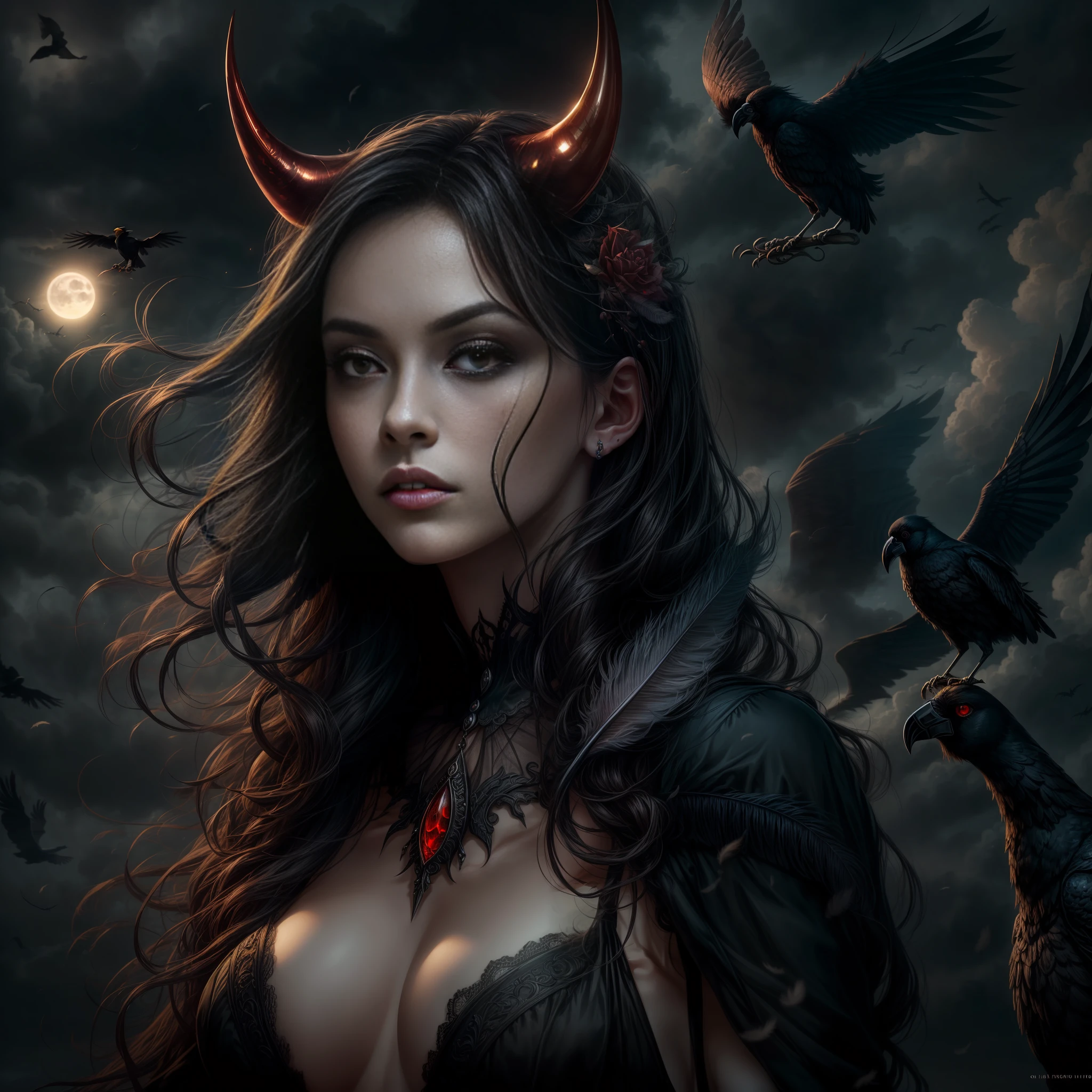 Extremely detailed realist portrait of a charismatic gothic vampire woman in a Victorian setting, perfect body, (realistic adult woman), ((detailed background)), (detailed gray sky), (detailed gothic costume), (detailed red eyes). (dramatic lighting), ((masterpiece)), ((crows)), ((perfectly detailed hands)), detailed cloud, ((complex detail)), (((adult woman))), jewel-like red eyes, (floating locks of hair), combative facial expression, Anne Hathaway and Monica Bellucci-inspired face, long dark hair, (demon horn), (mist), moonlight, ((surrounded by floating feathers)), focus on the subject, chiaroscuro, wind, road, church, HD wallpaper, --auto