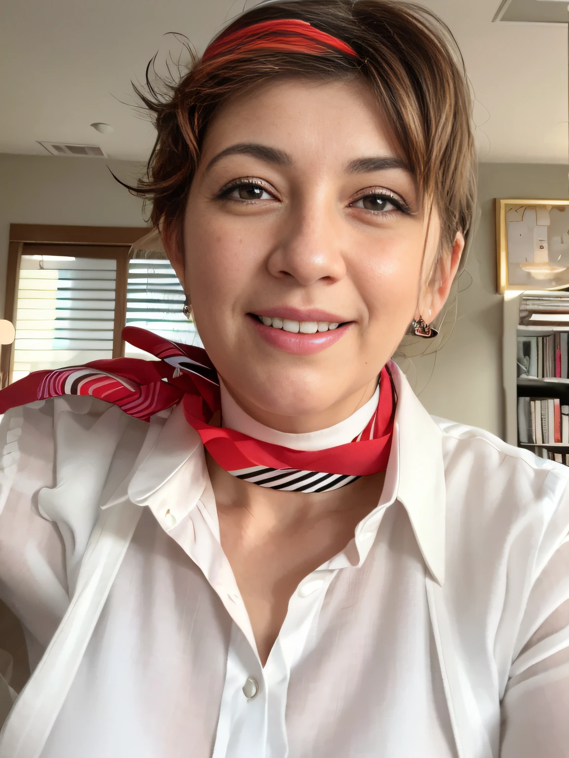 smiling woman wearing a white shirt and a tie with a black and red tie, androgynous person, wearing collar, inspired by Maria Helena Vieira da Silva, pov photo, wearing choker, taken in the early 2020s, wearing white silk, inspired by Toros Roslin, androgynous face, profile image, wearing collar on neck --auto