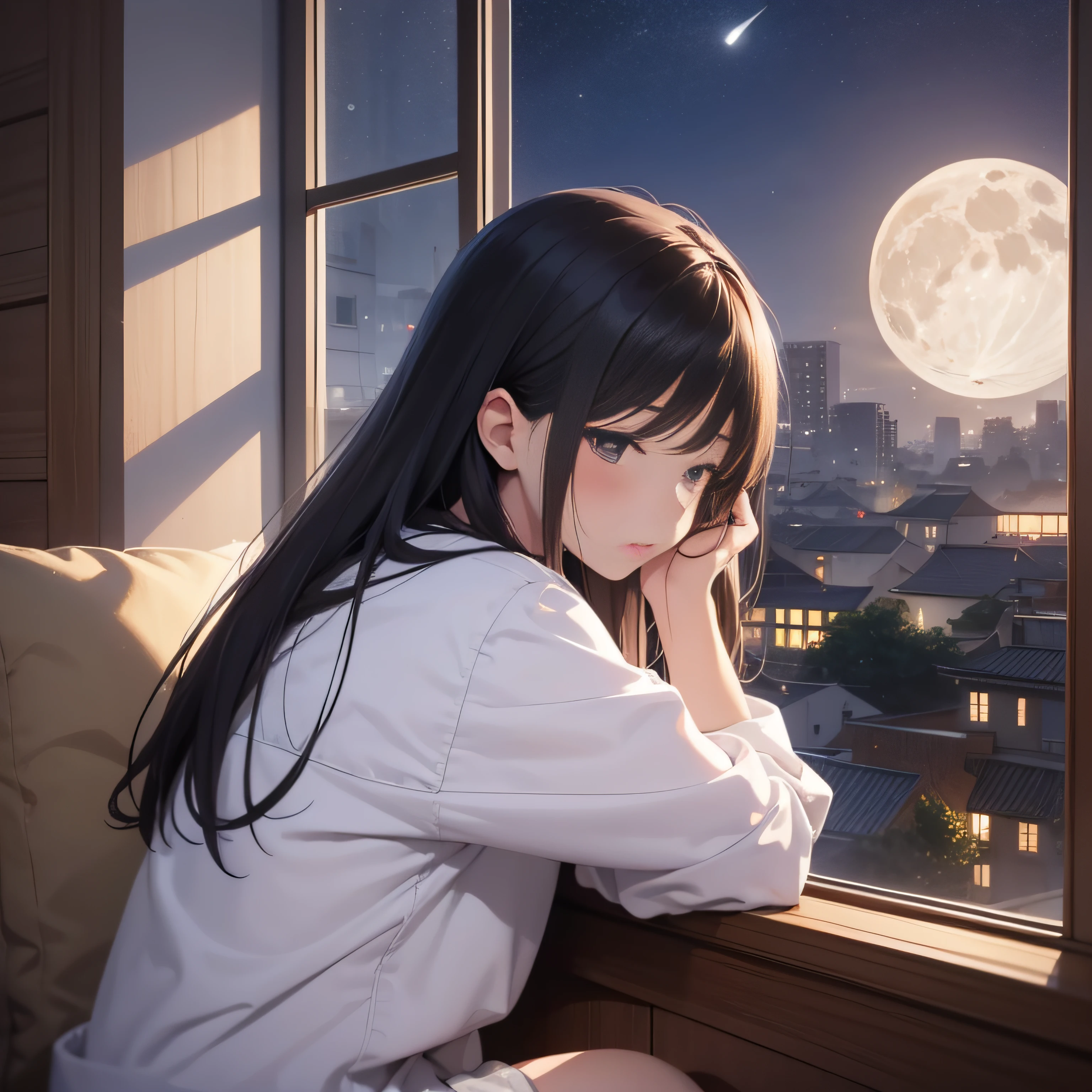 Cartoon of a girl sitting in front of a window against the background of the moon, calm night. Digital Illustration, Night Time!, Night Time, , Late at Night, Sleepy Face, Sleepy Face, Pastel inspired by Zhou Wen Tianzheng,