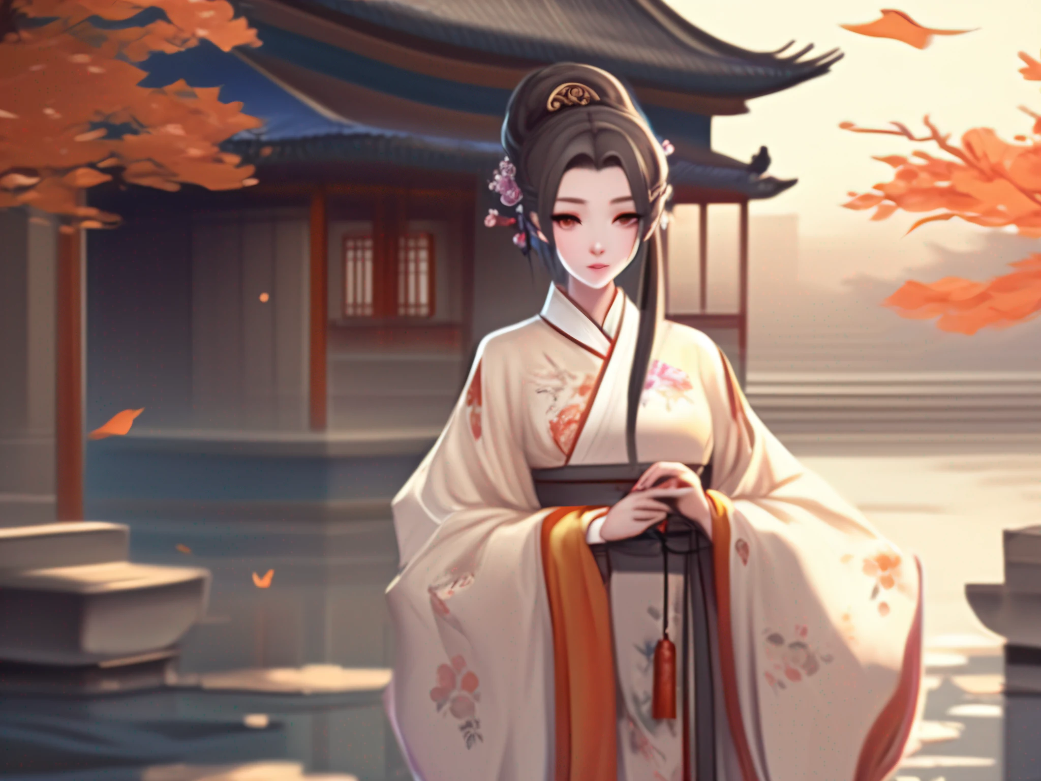 Anime style, a sweet woman in Hanfu, she stands in the scene of the Chinese Imperial Palace.