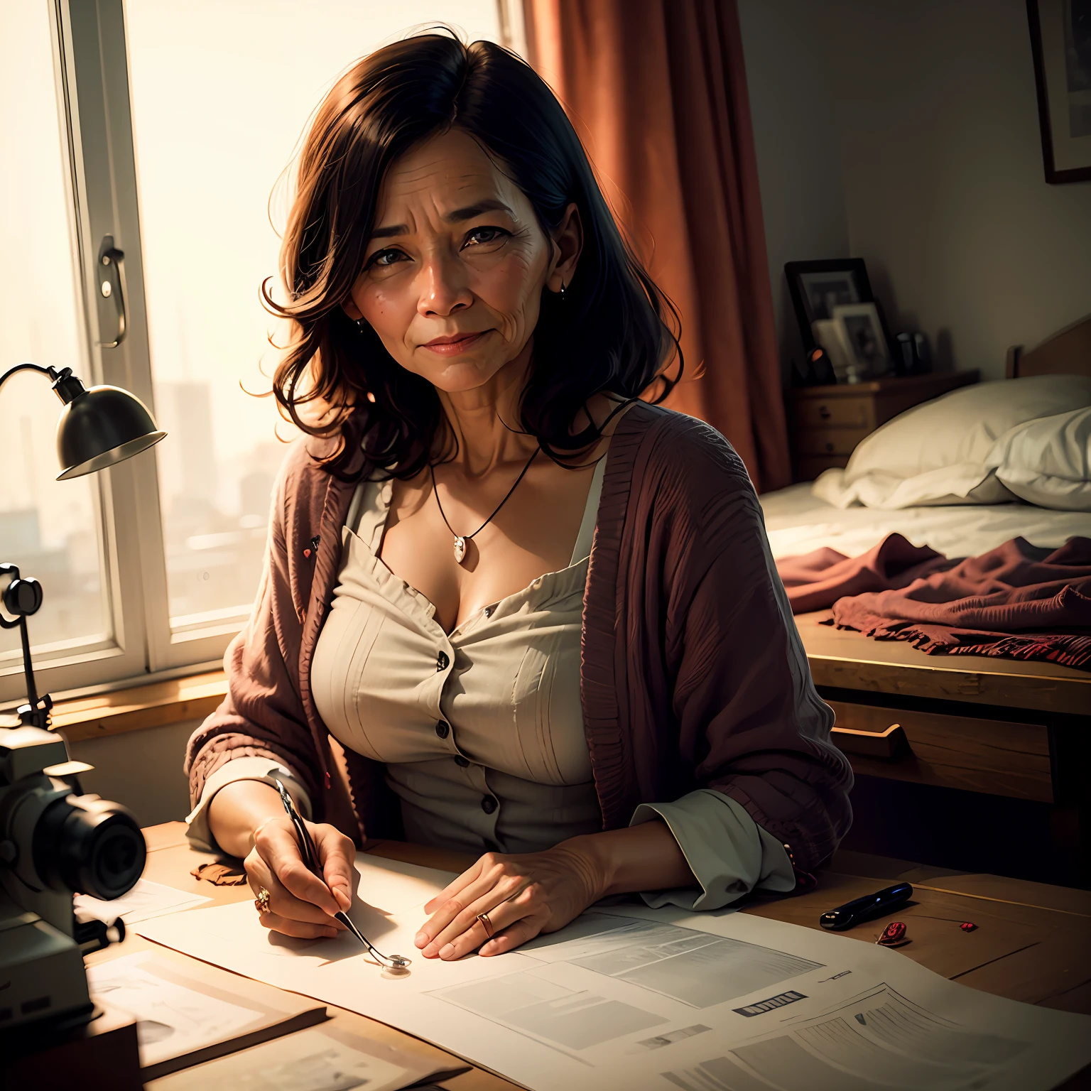 Portrait woman 45 years old seamstress looking forward. centered in the middle of the image looking forward. cinematic, hyperealism --auto
