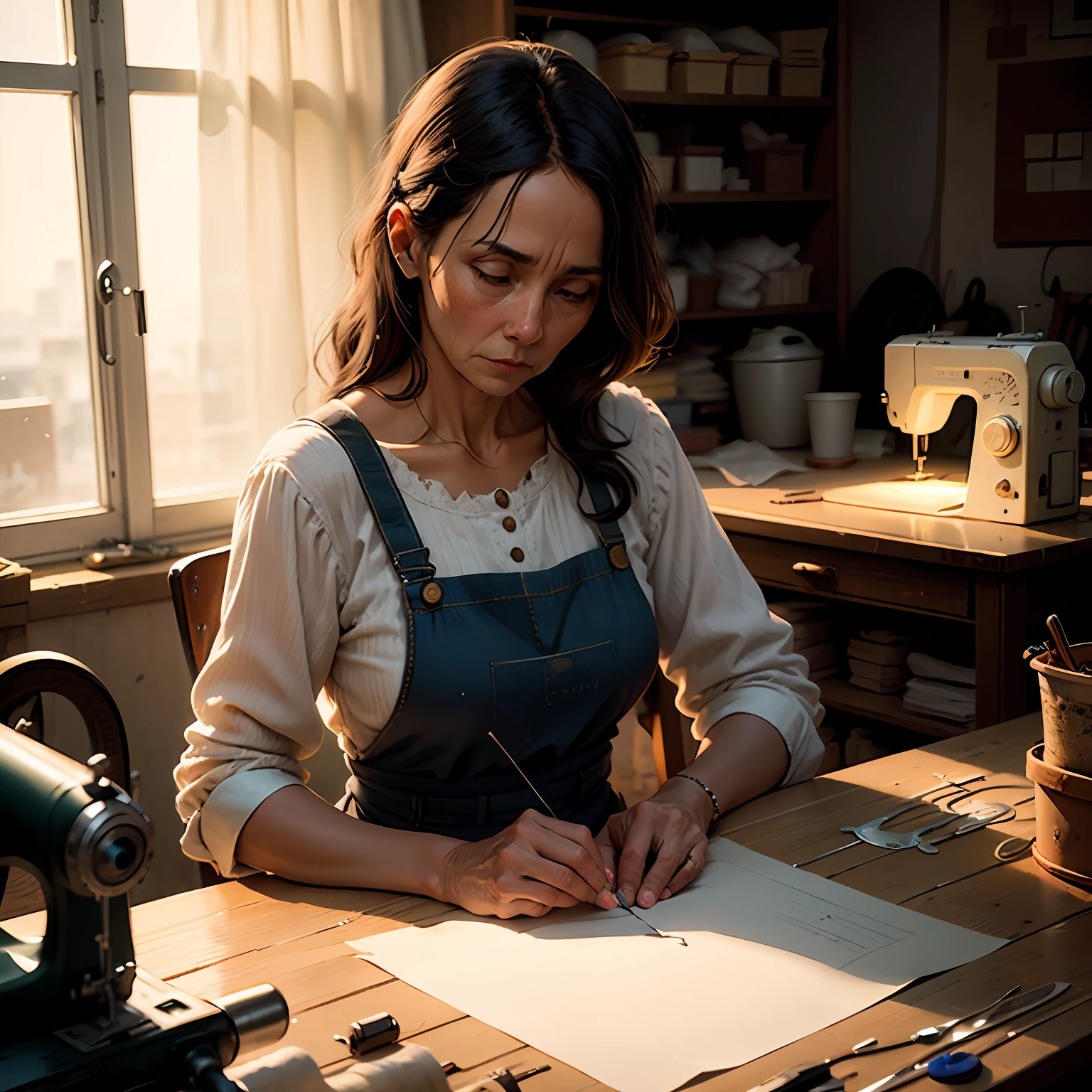 Artisan woman of 40 years, seamstress, Cena is a sewing atelier, lighting made by a side window the sewing table. The woman is sitting sewing. a cinematic, trarealism. --auto