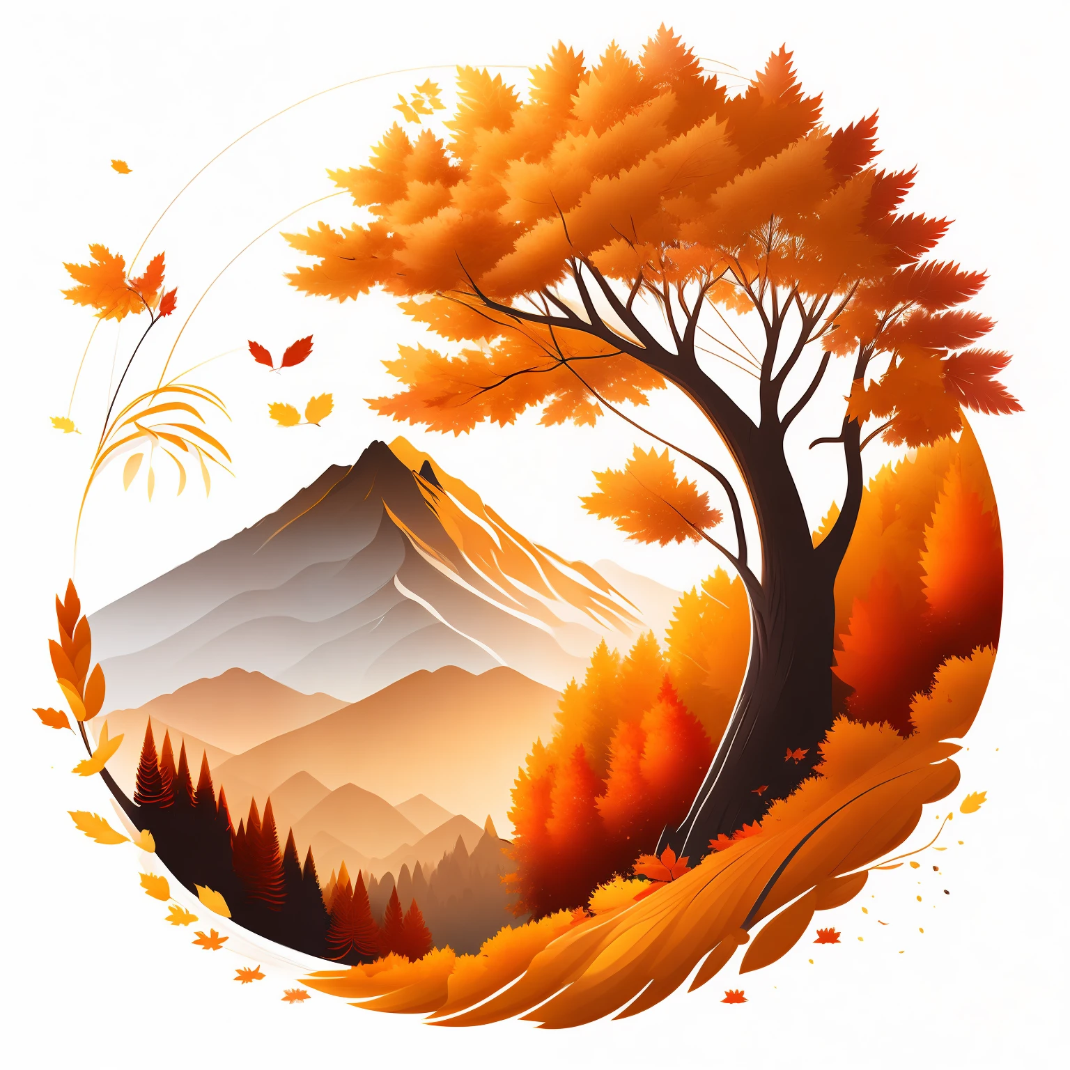 Maple tree in autumn landscape, golden mountain, fallen leaves, t-shirt design, rzminjourney, vector art, circular silhouette, white background
