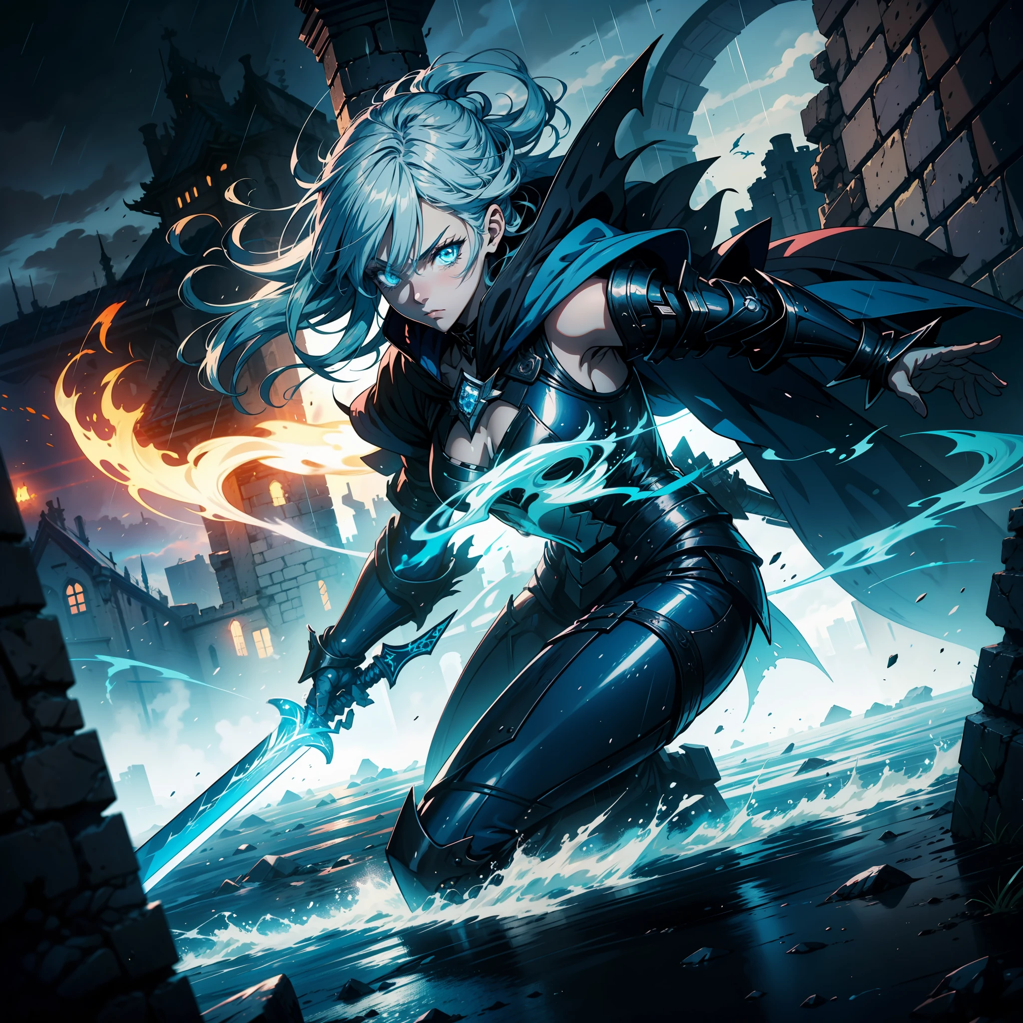 anime cinematic dark lighting ,blue dragon, medieval era landscape inside destroyed castle walls ,enemy invasion high walls ,smoke filled castles,dead people around,knights fighting,light of blue fire,dark night ,rainy weather,fire,1 girl coming out of the smoke, masterpiece, (blue eyes: 1.5), (long flowing strong blue hair 1.8), anime, look of despair, perception of sadness, light, adult woman, blue medieval armor, blue sword, gray cloak dragon insignia, strong pose, anime colors, multifocus perspective image