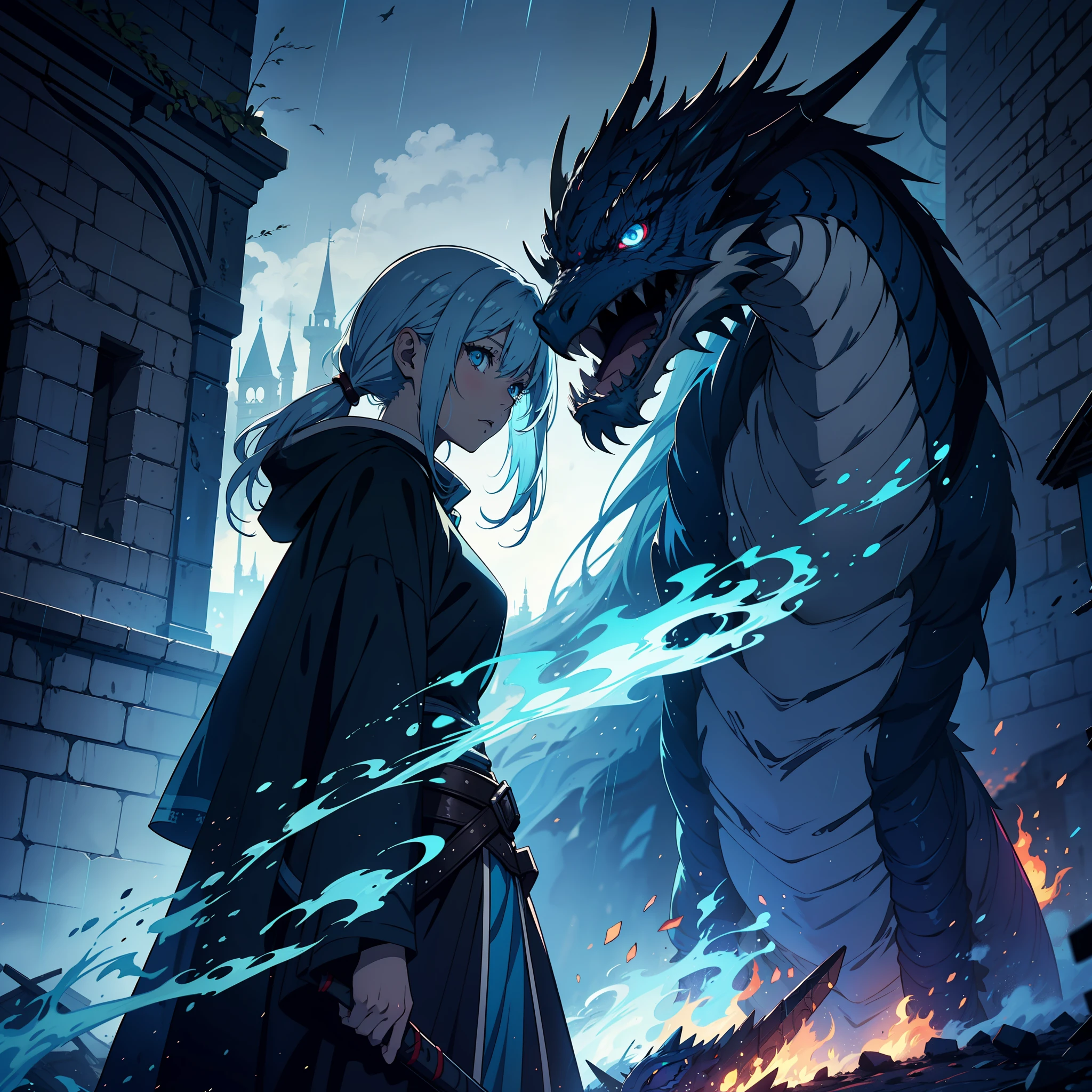 anime cinematic dark lighting ,blue dragon, medieval era landscape inside destroyed castle walls ,enemy invasion high walls ,smoke filled castles,dead people around,knights fighting,light of blue fire,dark night ,rainy weather,fire,1 girl coming out of the smoke, masterpiece, (blue eyes: 1.5), (long flowing strong blue hair 1.8), anime, look of despair, perception of sadness, light, adult woman, blue medieval armor, blue sword, gray cloak dragon insignia, strong pose, anime colors, multifocus perspective image