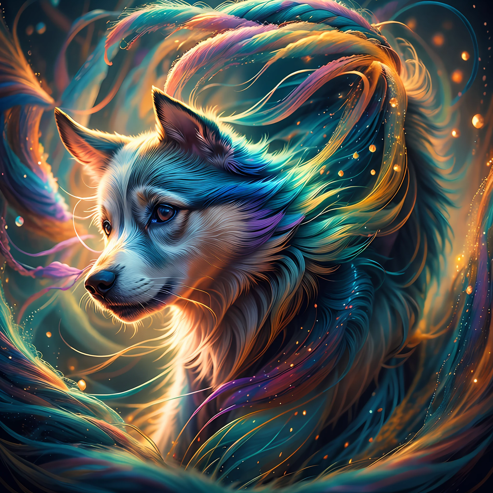 a painting of a colorful dog on a black background, breathtaking rendering, within a radiant connection, inspired by Kinuko Y. Craft,, magical elements, wow, is beautiful, casting a multi colorful spell, bright flash, flash