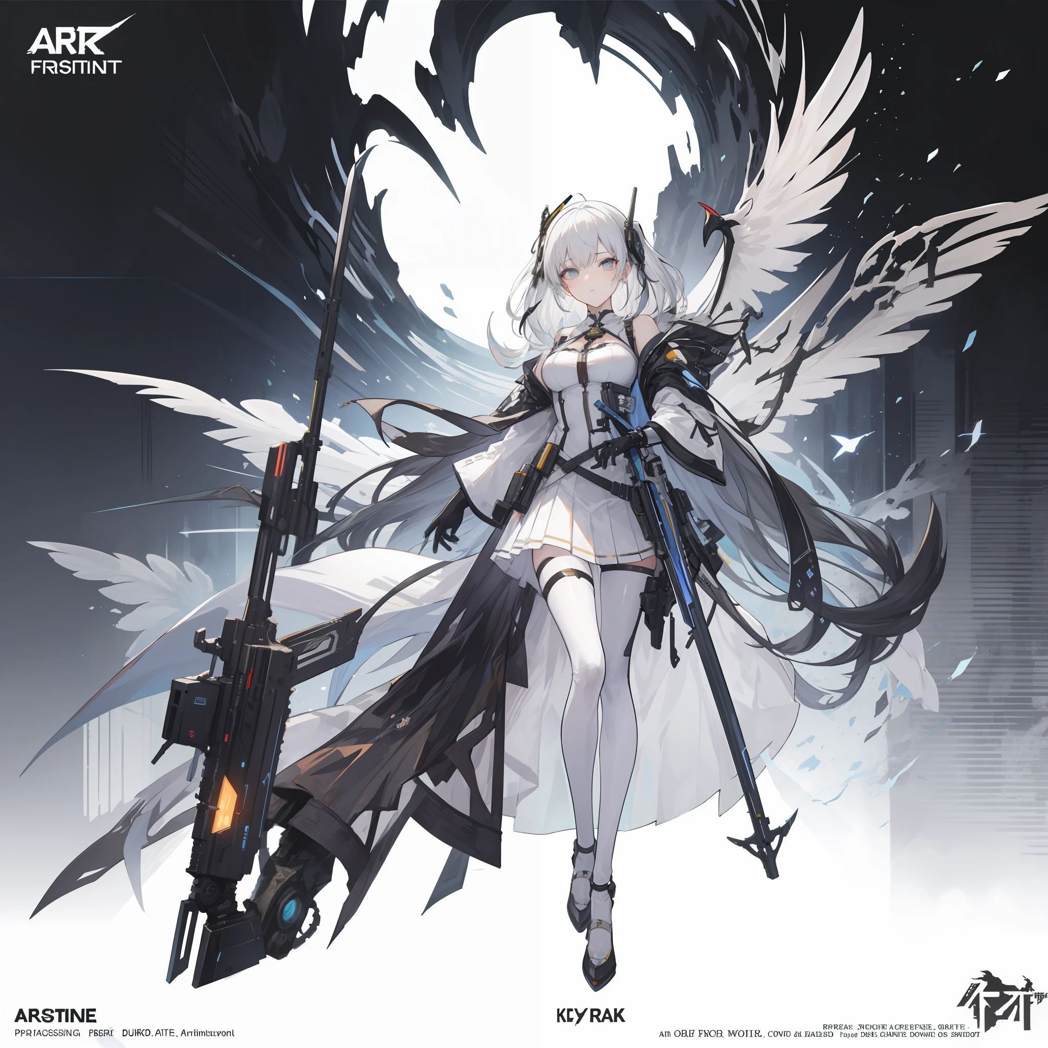 Full body close-up of a man holding a sword in a lily element white dress pleated long skirt battle costume, mechanical legs, off-white as the main color, Punishing: Gray Raven, from Ark Night, Guvez, from Punishing: Gray Raven, Girl Frontline style, Girls Frontline universe, inspired by Leng Mei, Kusart Krenz key art feminization, 7.5 head body, mechanical prosthetics,