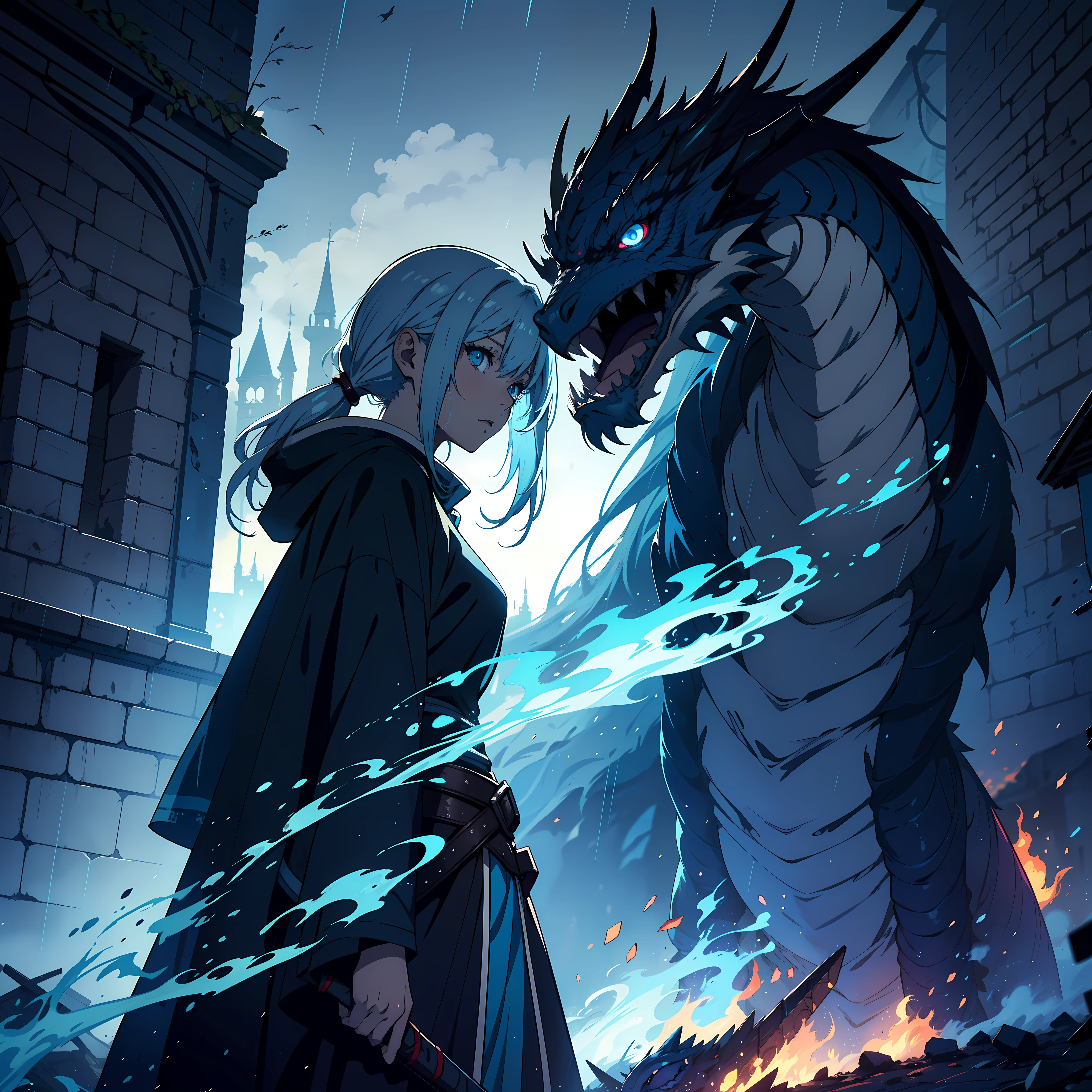 anime cinematic dark lighting ,blue dragon, medieval era landscape inside destroyed castle walls ,enemy invasion high walls ,smoke filled castles,dead people around,knights fighting,light of blue fire,dark night ,rainy weather,fire,1 girl coming out of the smoke, masterpiece, (blue eyes: 1.5), (long flowing strong blue hair 1.8), anime, look of despair, perception of sadness, light, adult woman, blue medieval armor, blue sword, gray cloak dragon insignia, strong pose, anime colors, multifocus perspective image