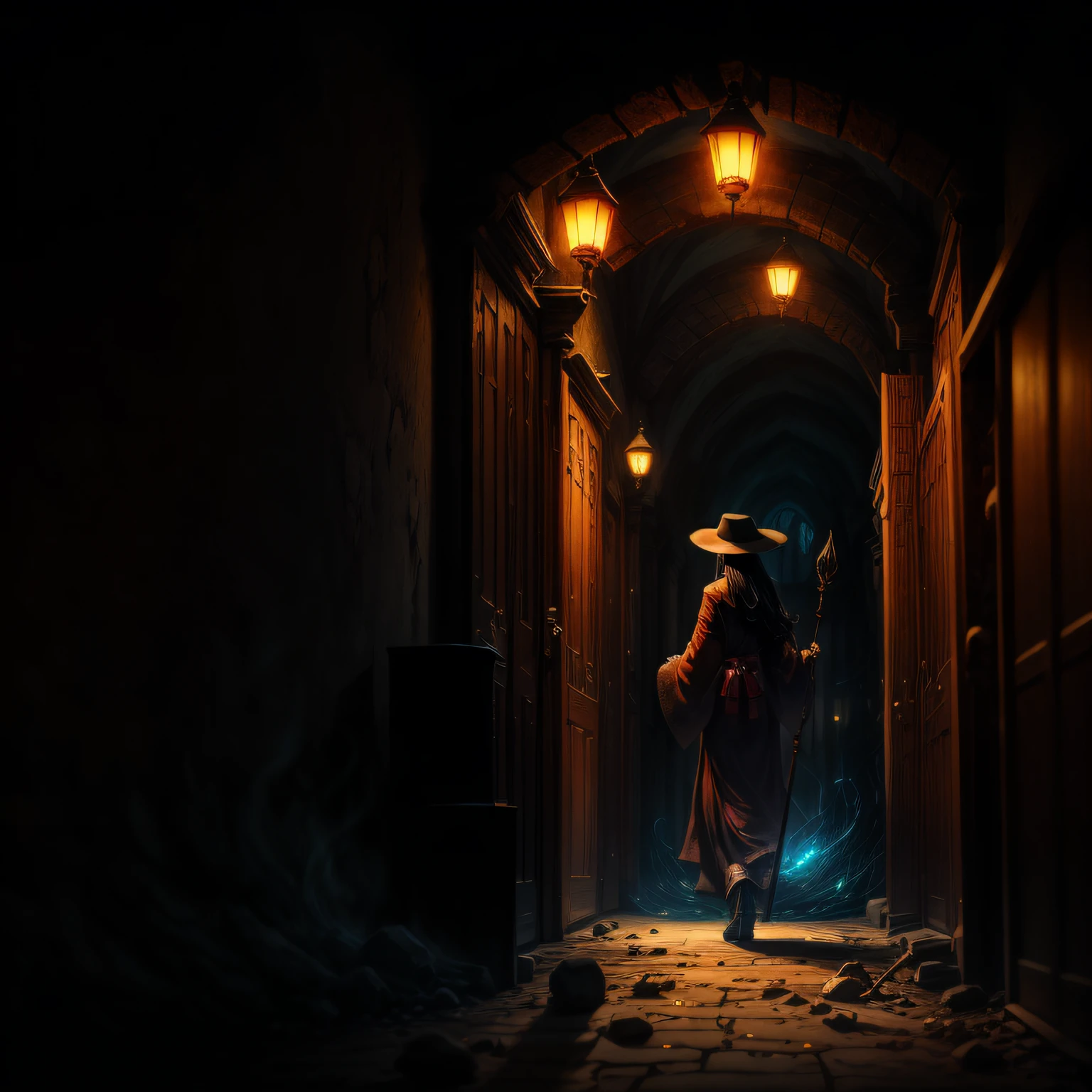 An 18-year-old Japanese black mage girl with long black hair, piercing red eyes, elegant and intimidating appearance, wearing a dark robe, carrying a staff engraved with ominous symbols, colored-pencil, Dramatic lighting, by Vincent van Gogh, Romanticism, Cinema 4D, Normal perspective, Neutral density filter, Dramatic scene --chaos 0 --quality 2 --uplight --hd --auto