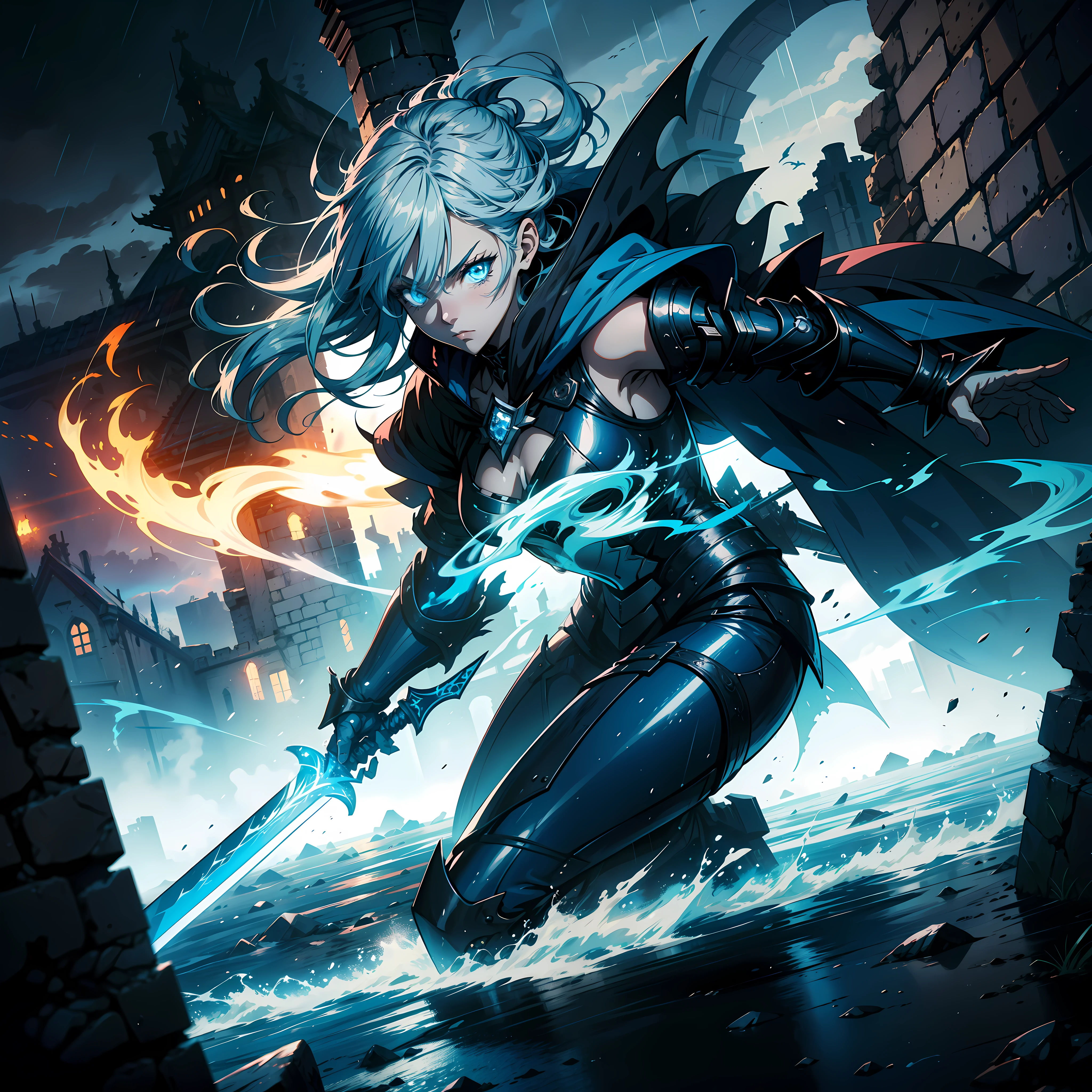 anime cinematic dark lighting ,blue dragon, medieval era landscape inside destroyed castle walls ,enemy invasion high walls ,smoke filled castles,dead people around,knights fighting,light of blue fire,dark night ,rainy weather,fire,1 girl coming out of the smoke, masterpiece, (blue eyes: 1.5), (long flowing strong blue hair 1.8), anime, look of despair, perception of sadness, light, adult woman, blue medieval armor, blue sword, gray cloak dragon insignia, strong pose, anime colors, multifocus perspective image