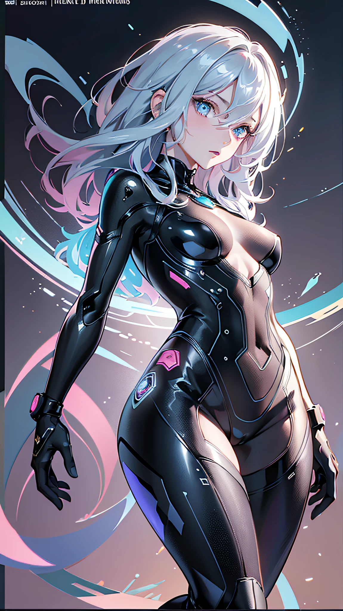 (((Masterpiece))), 1girl, super detailed, hyper-realistic face, (flirtatious expression), plugsuit, luminescent cat ears, ((super cute face)), ((angelic face)), ((incredibly beautiful eyes)), (luminous eyes), (full body), pink boots, (multicolored hair), super sexy hair, high ponytail, (delicate and perfect hands), (perfect anatomy), super delicate and sexy body, sexy pose, ((ulzzang)), (super thin face), delicate features, ultra detailed, best quality, cinematic lighting, captivating beauty, sexy look