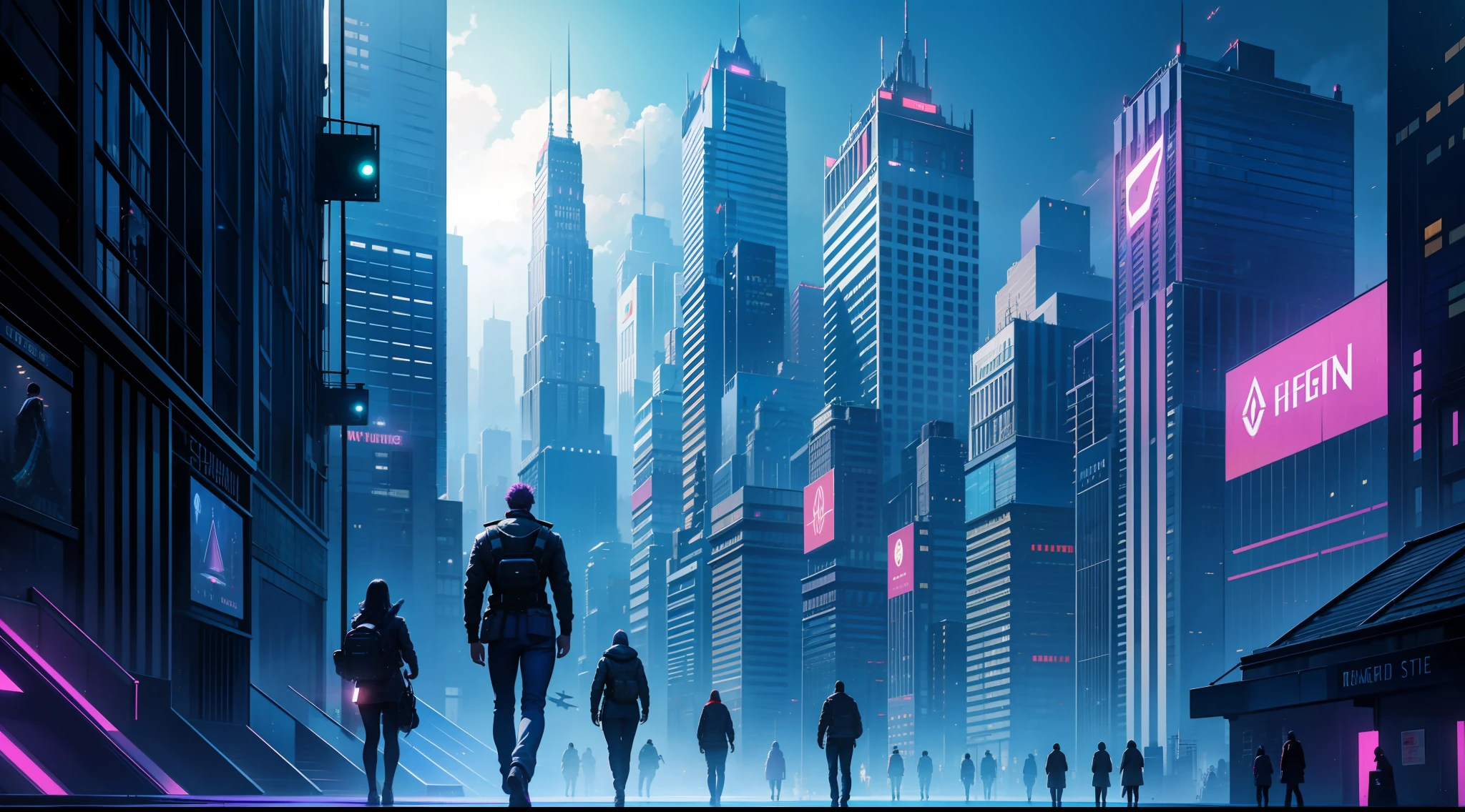 An oil painting of a futuristic cityscape, with towering skyscrapers and flying vehicles filling the frame. The colors are bright and vibrant, with shades of blue, green, and purple dominating the scene. In the foreground, a group of people can be seen walking towards a giant, glowing pyramid.