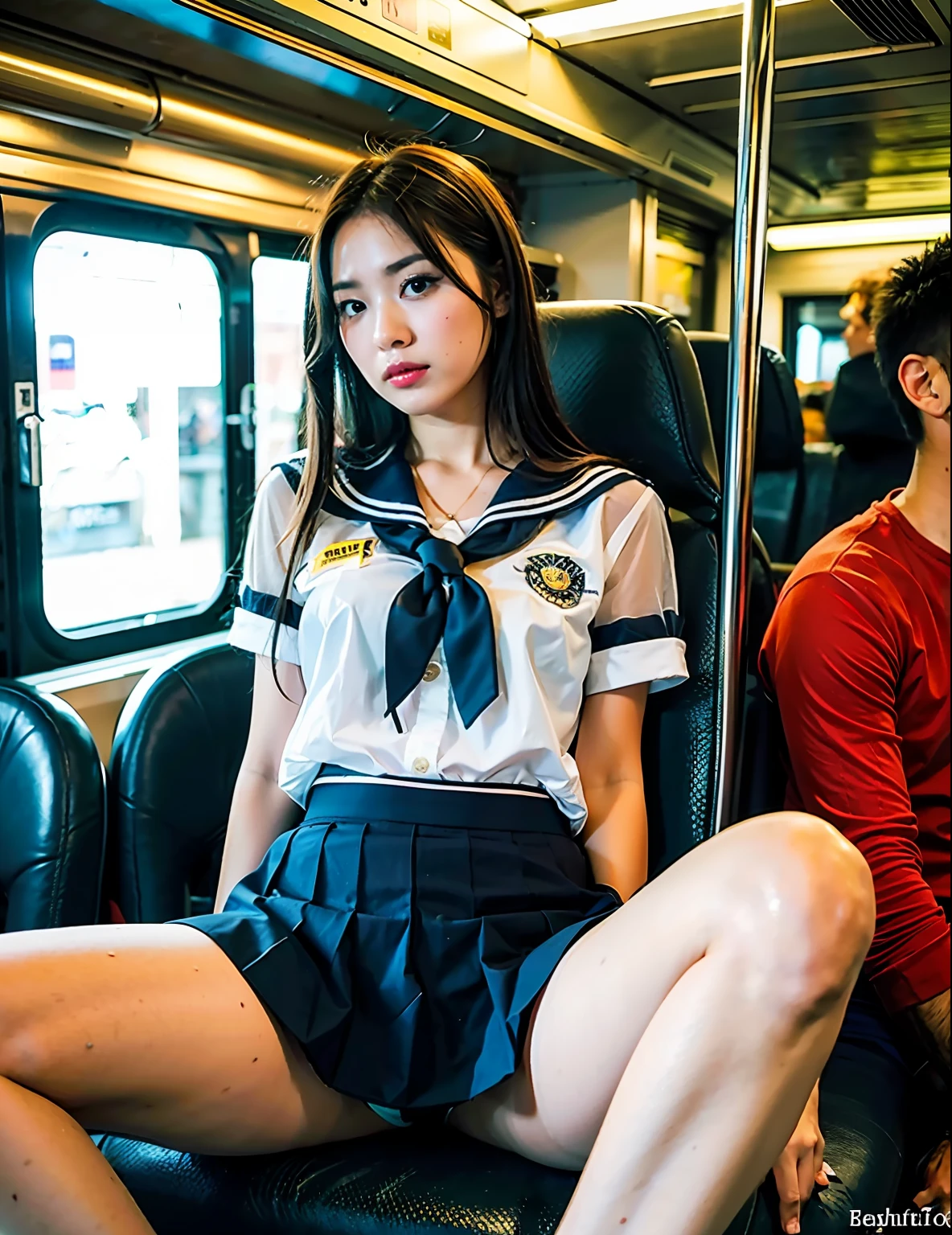 (16k, RAW photos, top quality, masterpiece: 1.2), (realistic, photorealistic: 1.37), 1 girl, Korean, schoolgirl, sailor suit, ()), sitting on a crowded train, big, slender, , full , (round swing  mini skirt: 1.3), (white : 1.3), , See-through , not wearing 