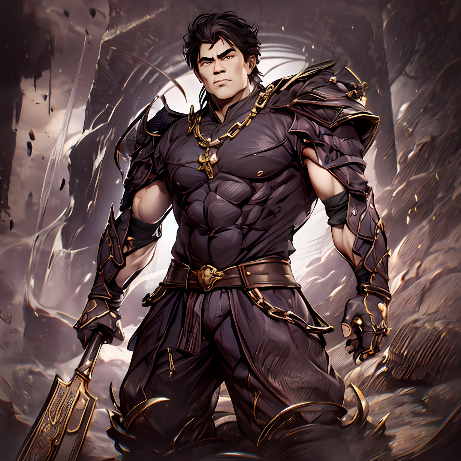 Muscular, stout, Asian man in his 30s, wearing armor, with gold chains on his wrists and arms, Asian bun hair, defined jaw, full body photo, standing in front of him, fantasy