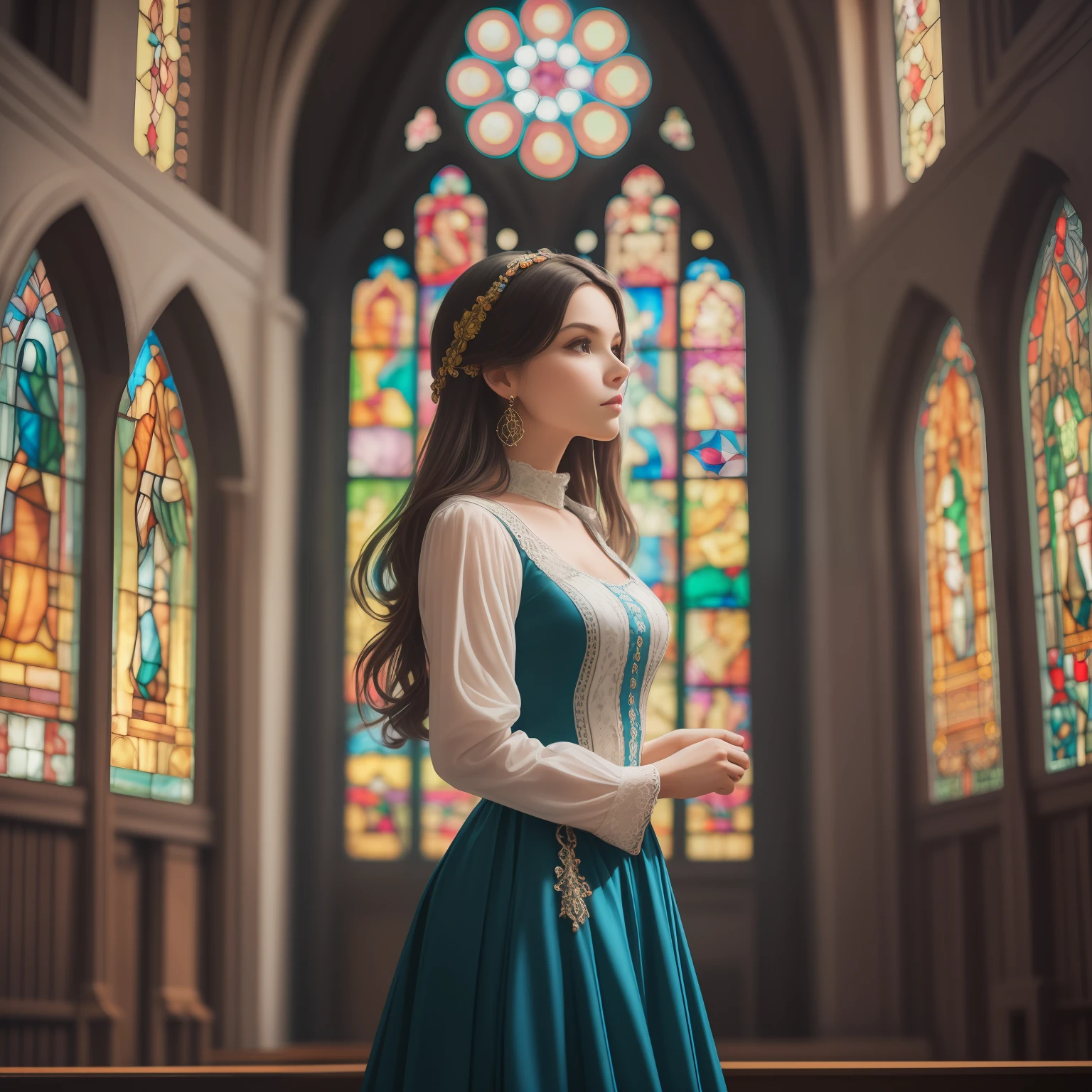 A captivating image of a lively, modern-day, if slightly quaint, image of a woman dressed in an old-fashioned dress standing in a church lit by intricate, colorful stained-glass windows. Her attire is casual yet elegant, emphasizing her beauty and grace. The image is rich in color and detail, showcasing the beauty of the architecture and the timeless nature of the image. soft lighting, shallow depth of field, f/1.4 aperture, portrait lens