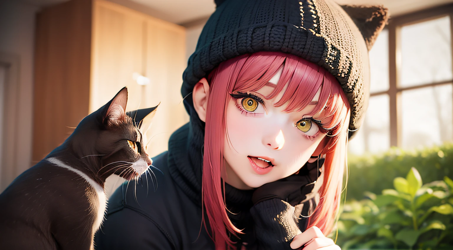 An anime girl with pink hair and green eyes with a surprised expression on her face and a black cat hat, (1girl:0.992), (:d:0.583), (bangs:0.701), (blush:0.584), (Green Eyes: 0.992), (Looking at the Audience: 0.711), (Open Mouth: 0.760), (Pink Hair: 0.917), (Ribbon: 0.826), (Short Hair: 0.571), (Smile: 0.855), (Solo: 0.949), (Teeth: 0.770), (Upper Body: 0.760)