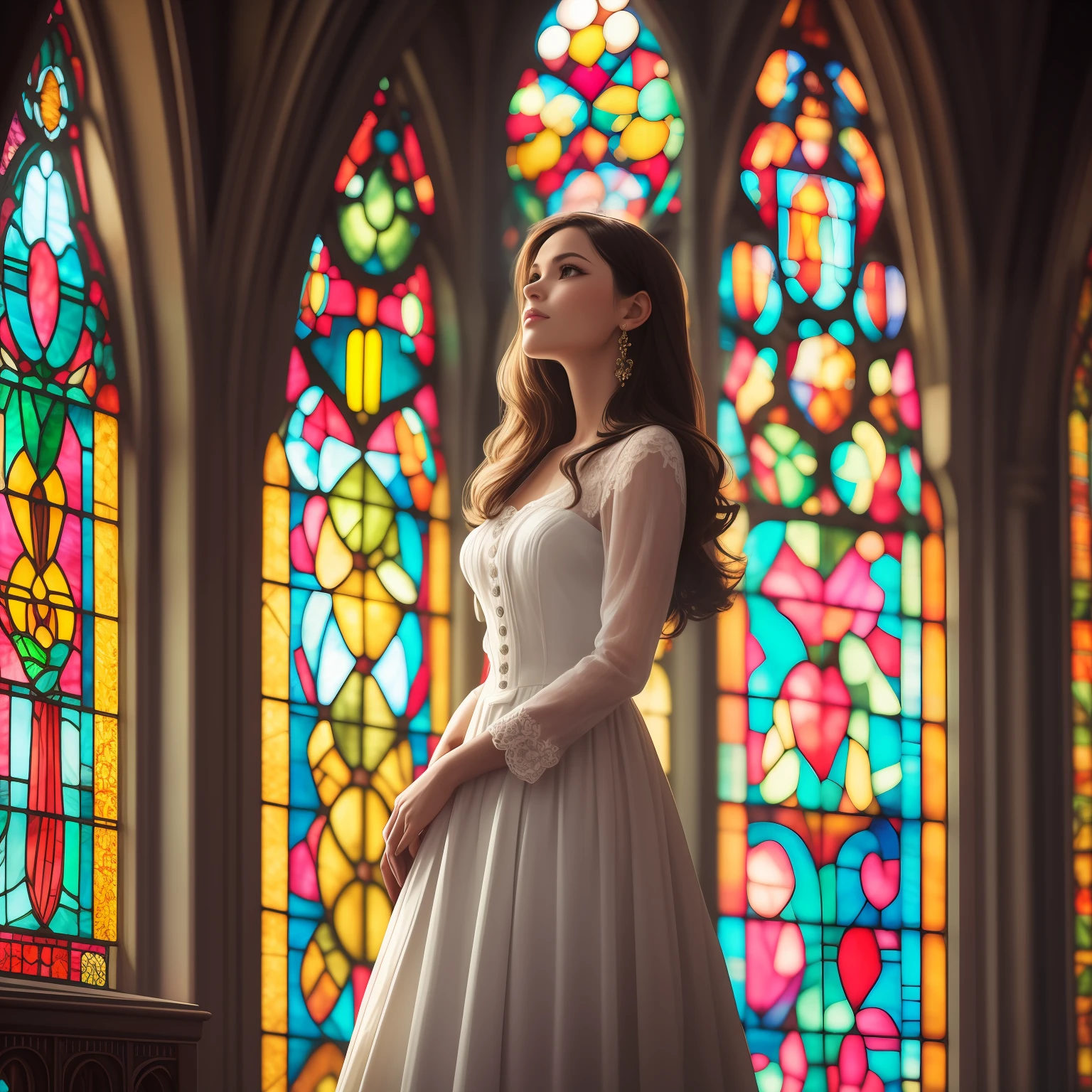 A captivating image of a lively, modern-day, if slightly quaint, image of a woman dressed in an old-fashioned dress standing in a church lit by intricate, colorful stained-glass windows. Her attire is casual yet elegant, emphasizing her beauty and grace. The image is rich in color and detail, showcasing the beauty of the architecture and the timeless nature of the image. soft lighting, shallow depth of field, f/1.4 aperture, portrait lens