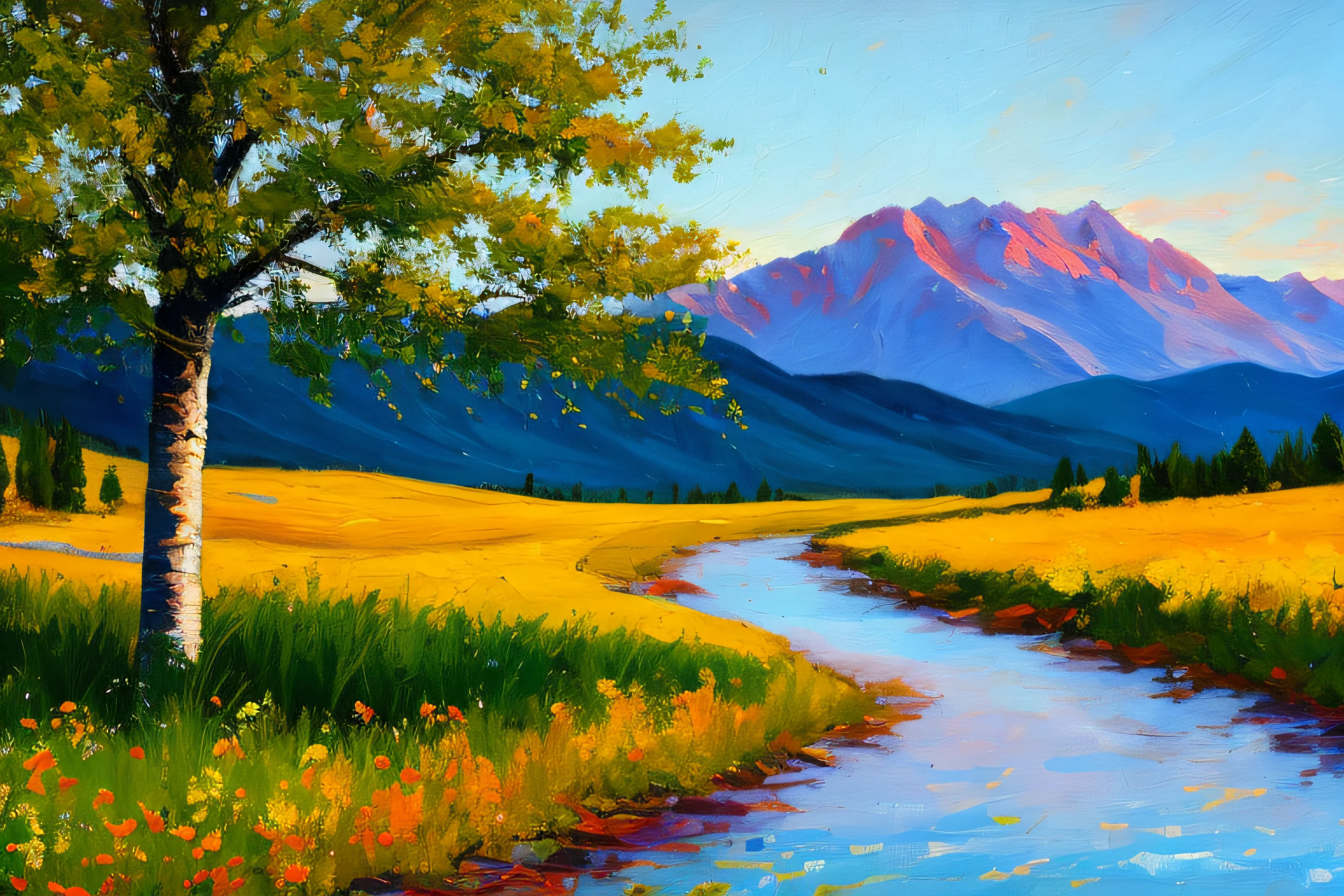 Create an expressive oil painting of a sunlit Colorado meadow, showcasing vibrant wildflowers, gently rolling hills, and a backdrop of towering mountain peaks. The style should be inspired by Impressionist paintings, with a focus on loose brushstrokes, vivid colors, and capturing the essence of the scene. Incorporate elements like aspen trees, grazing wildlife, and a meandering stream, creating an inviting and tranquil atmosphere. The color palette should include a variety of warm and cool colors, reflecting the changing light and natural beauty of the Colorado landscape. The composition should be a mid-range shot using a virtual 50mm lens, emphasizing the sense of depth and the captivating interplay of light and color