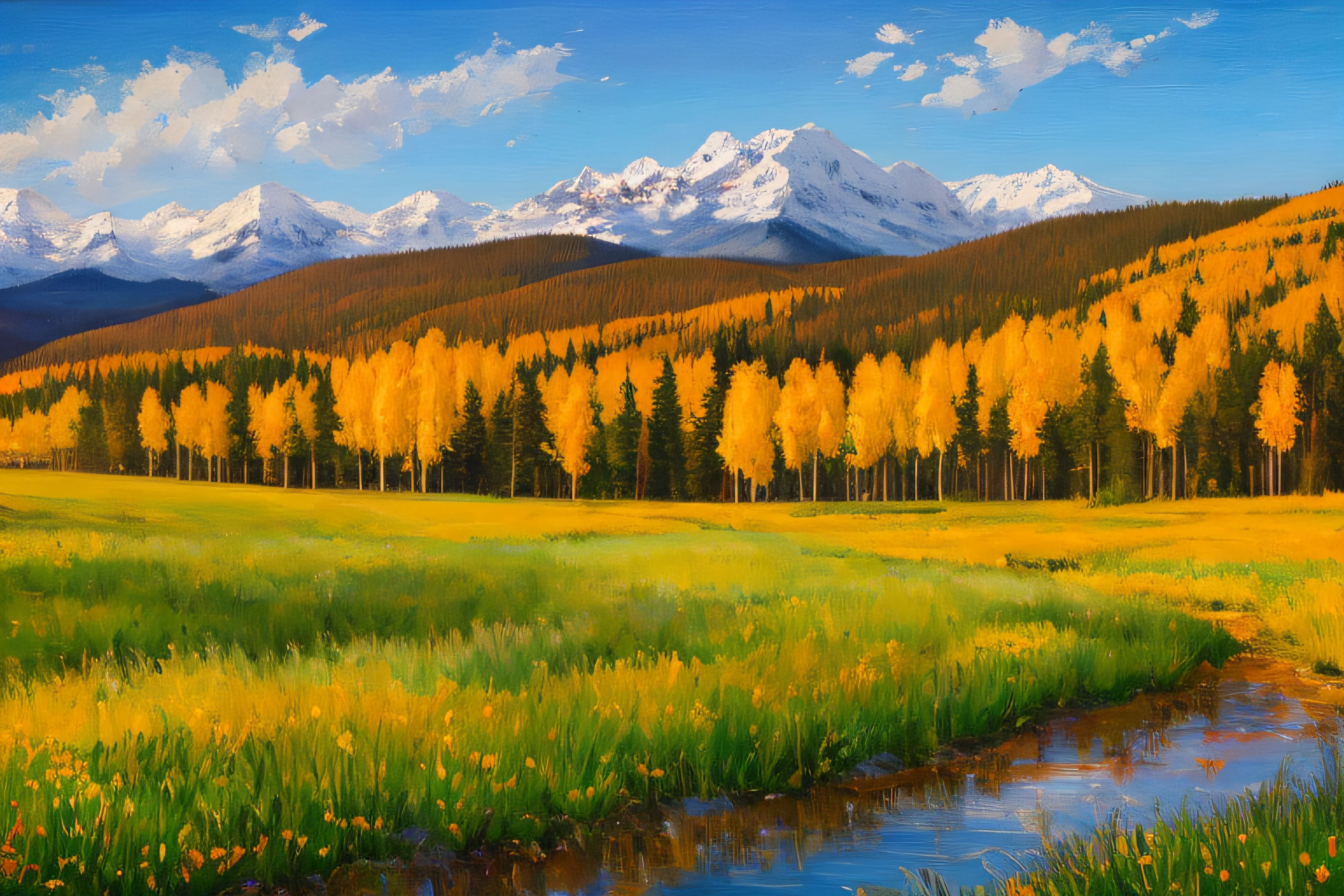Create an expressive oil painting of a sunlit Colorado meadow, showcasing vibrant wildflowers, gently rolling hills, and a backdrop of towering mountain peaks. The style should be inspired by Impressionist paintings, with a focus on loose brushstrokes, vivid colors, and capturing the essence of the scene. Incorporate elements like aspen trees, grazing wildlife, and a meandering stream, creating an inviting and tranquil atmosphere. The color palette should include a variety of warm and cool colors, reflecting the changing light and natural beauty of the Colorado landscape. The composition should be a mid-range shot using a virtual 50mm lens, emphasizing the sense of depth and the captivating interplay of light and color