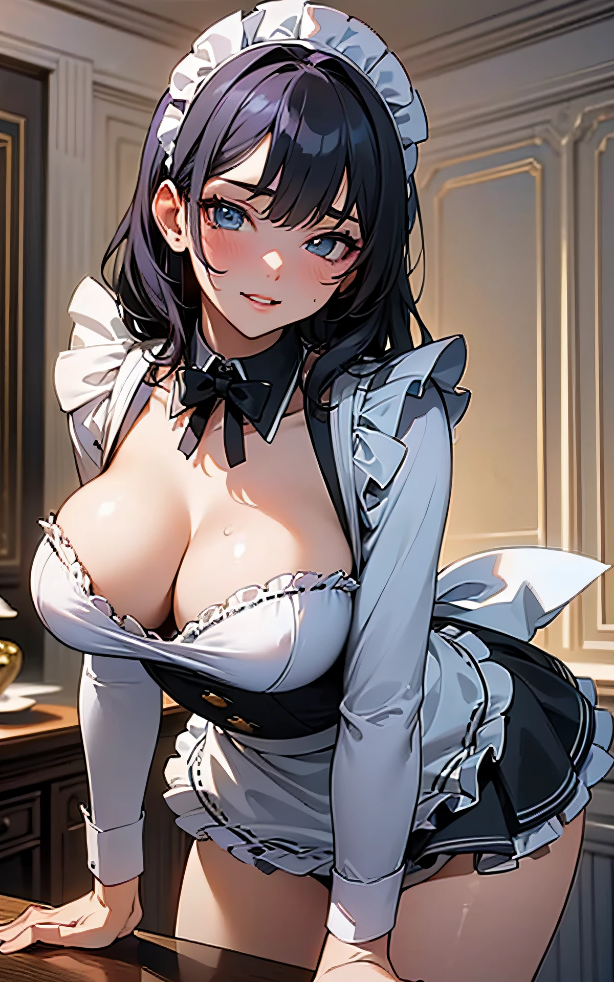 (Original Character、Unity 16K Wallpaper, Masterpiece, Best Quality, Ultra-Detailed, Extremely Detailed CG, Caustics, Cinematic Lighting, Detailed, Beautiful Detailed Eyes, solo,sexy women), Ultra High Resolution, fine skin, (maid, maid apron, maid headdress), (strong light)、oily skin,curby:1.2,,sexy women,little devil face,large breasts, bent over、fold arms